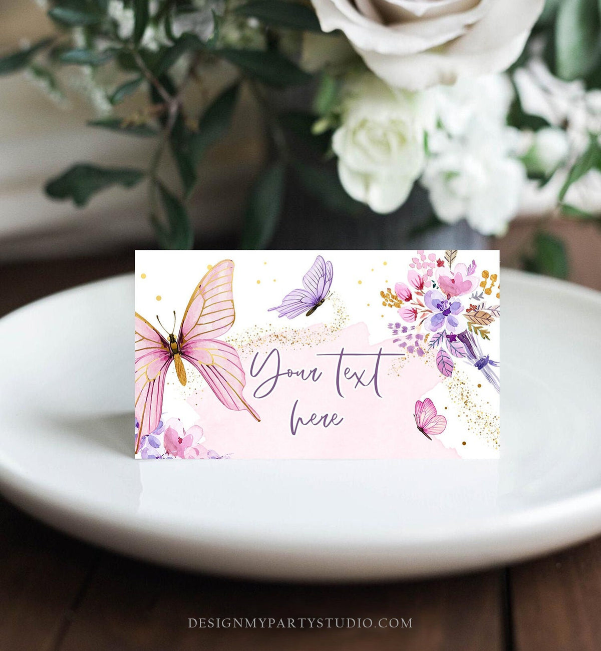 Editable Butterfly Food Labels Floral Butterfly Birthday Food Cards Tent Card Girl Pink Purple Buffet Label Tent Card Template Corjl 0437