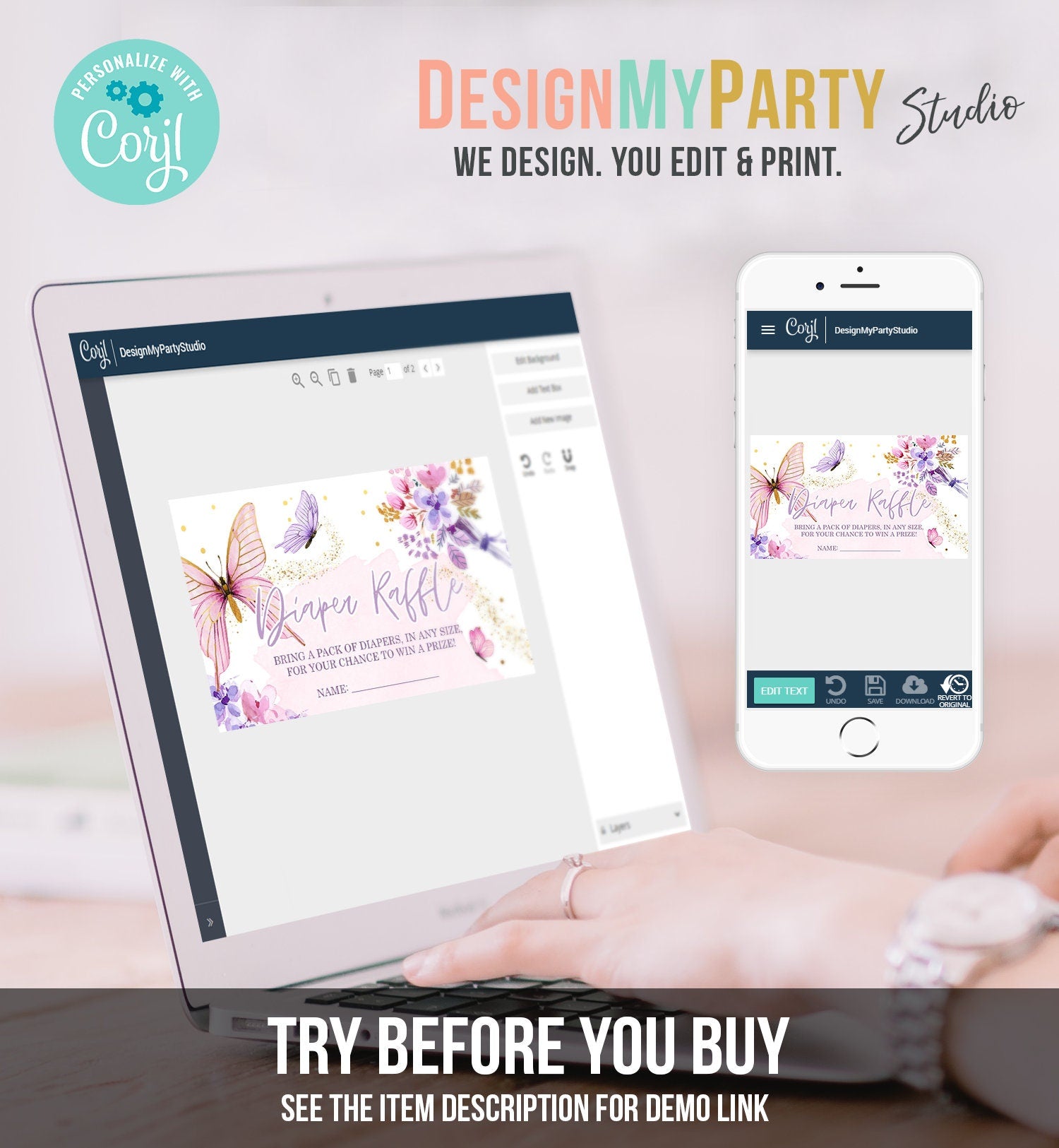 Editable Butterfly Diaper Raffle Ticket Little Butterfly Baby Shower Floral Butterflies Girl Pink Gold Purple Template PRINTABLE Corjl 0437