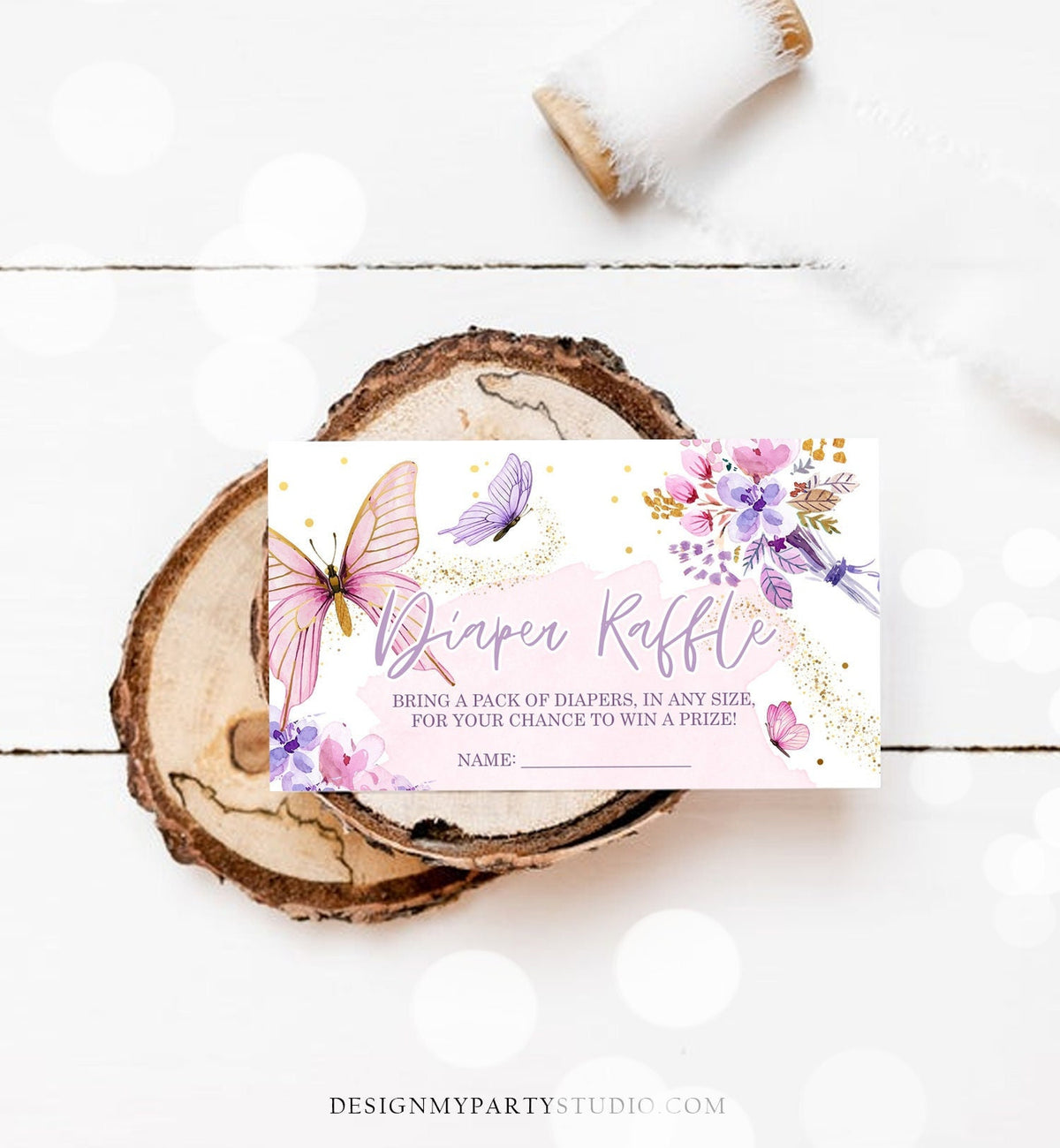 Editable Butterfly Diaper Raffle Ticket Little Butterfly Baby Shower Floral Butterflies Girl Pink Gold Purple Template PRINTABLE Corjl 0437