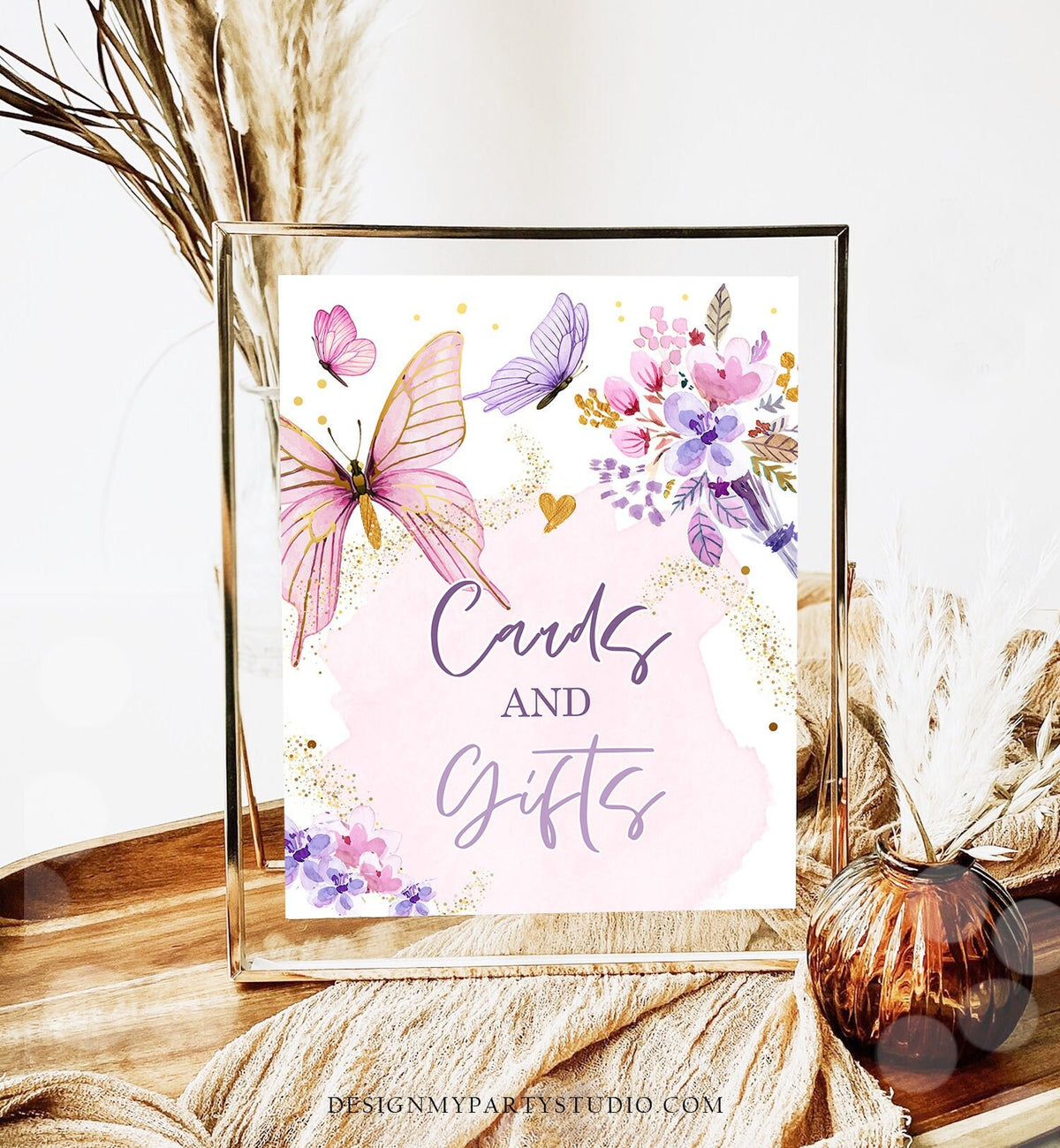 Butterfly Baby Shower Sign Cards and Gifts Table Decor Floral Butterfly Birthday Table Decor Girl Purple Instant Download Printable 0437