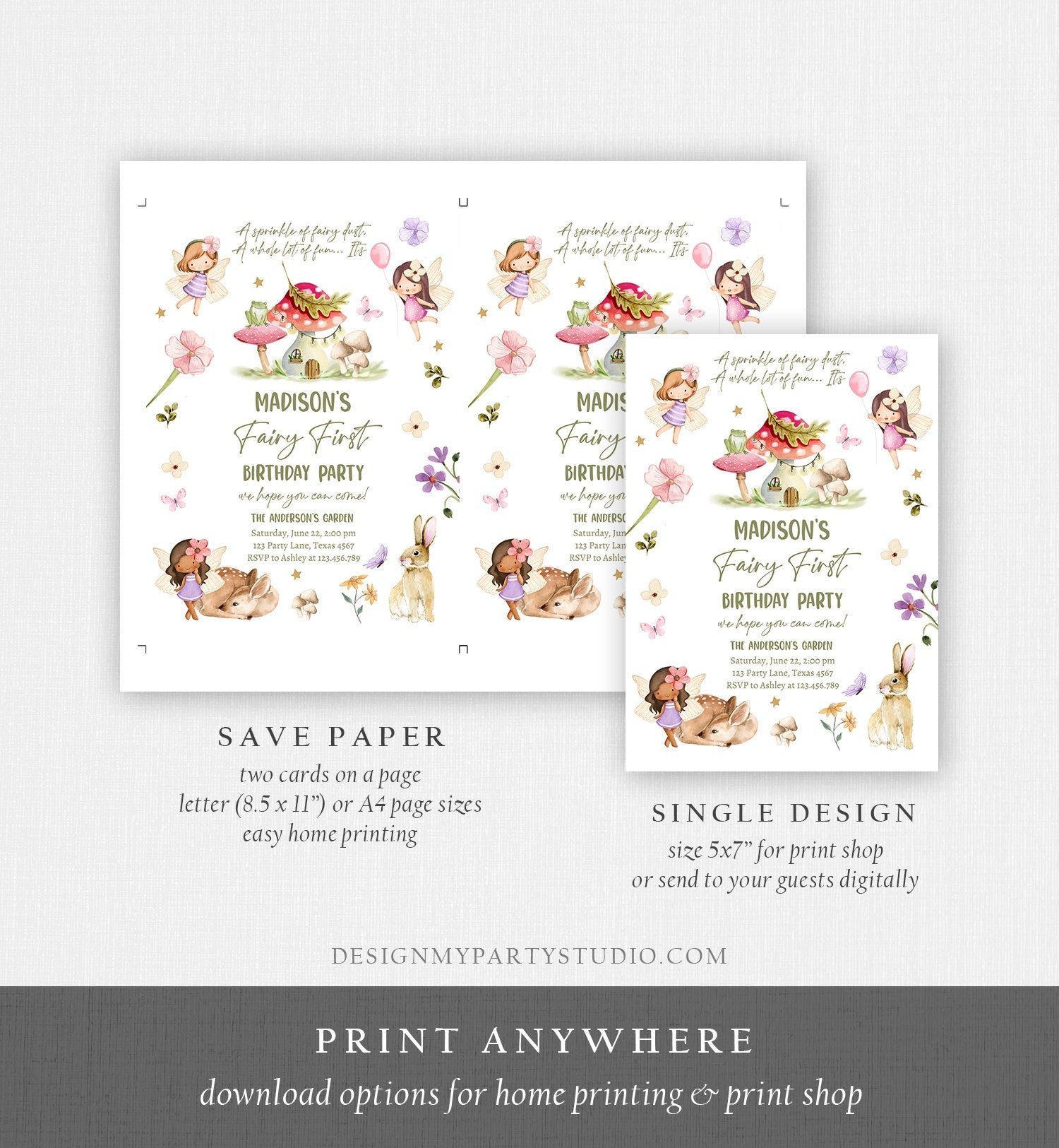 Editable Fairy Birthday Invitation Whimsical Enchanted Pixie Fairy Party Floral Fairy Invitation Girl Download Printable Template Corjl 0438