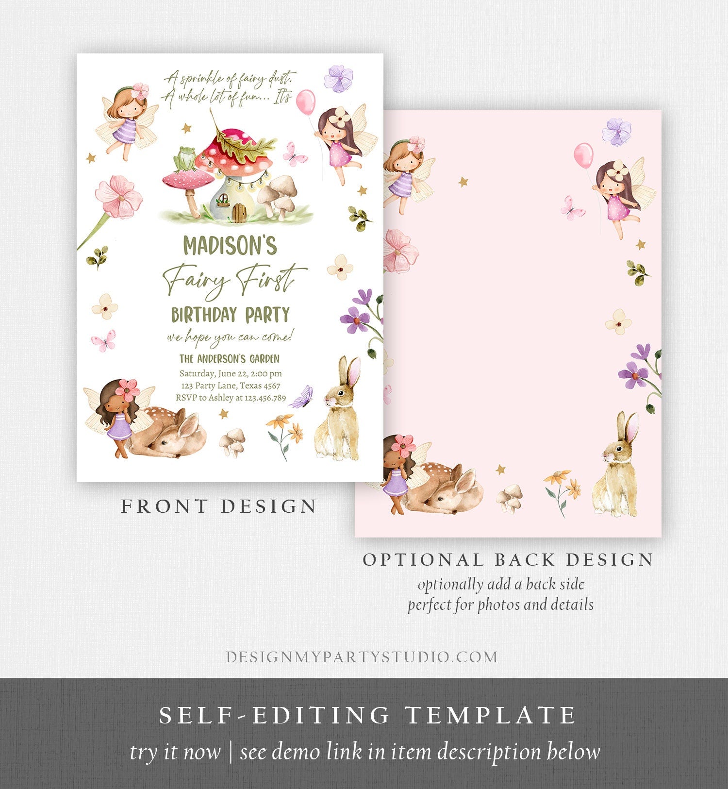 Editable Fairy Birthday Invitation Whimsical Enchanted Pixie Fairy Party Floral Fairy Invitation Girl Download Printable Template Corjl 0438