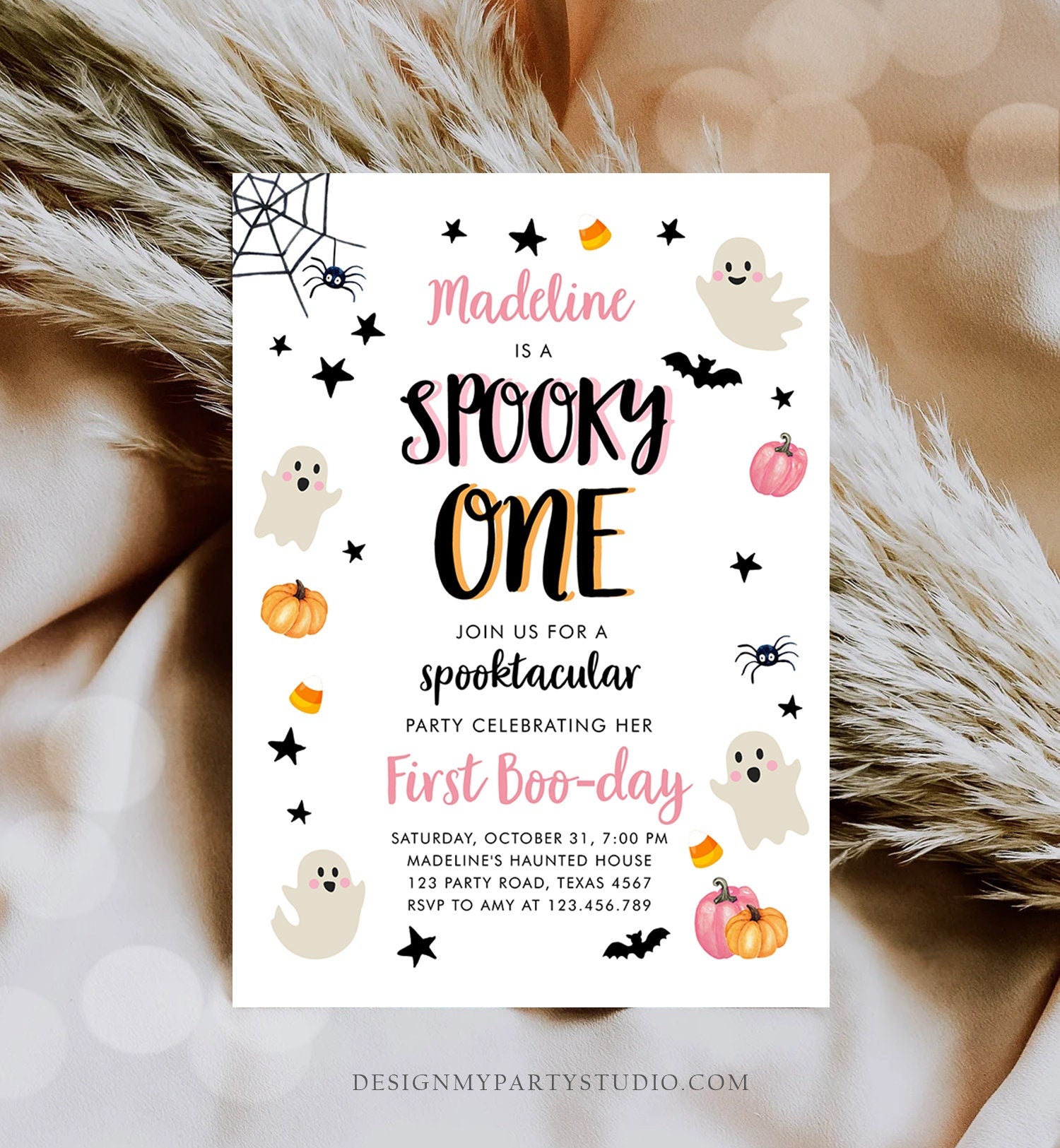 Editable Halloween 1st Birthday Invitation Pink Ghost Costume Party Girl Pink Kids Spooky One First Digital Download Template Printable 0418