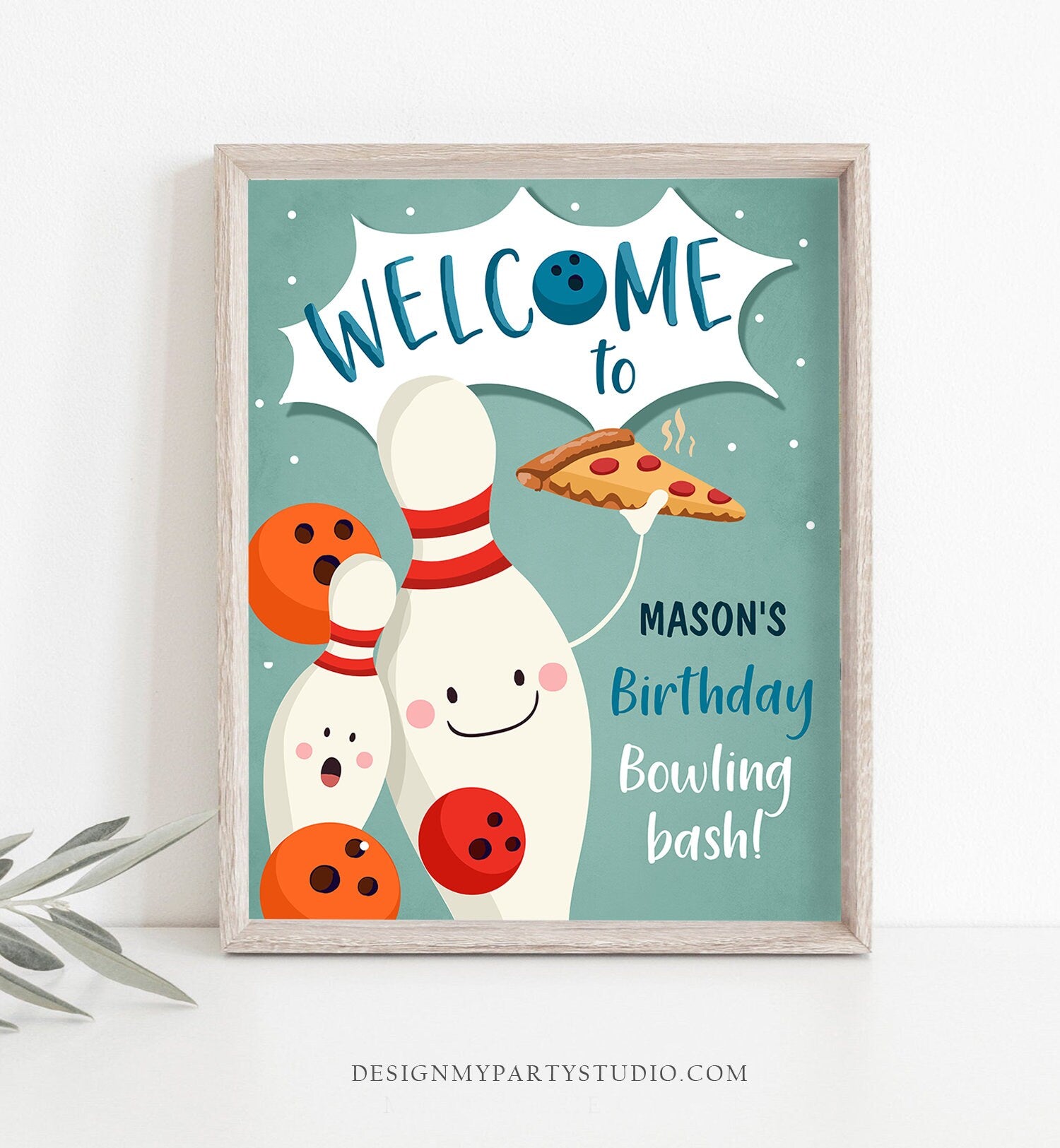 Editable Bowling Birthday Welcome Sign Strike Up Some Fun Boy Bowling Party Pizza Welcome Poster Blue Orange Template PRINTABLE Corjl 0324