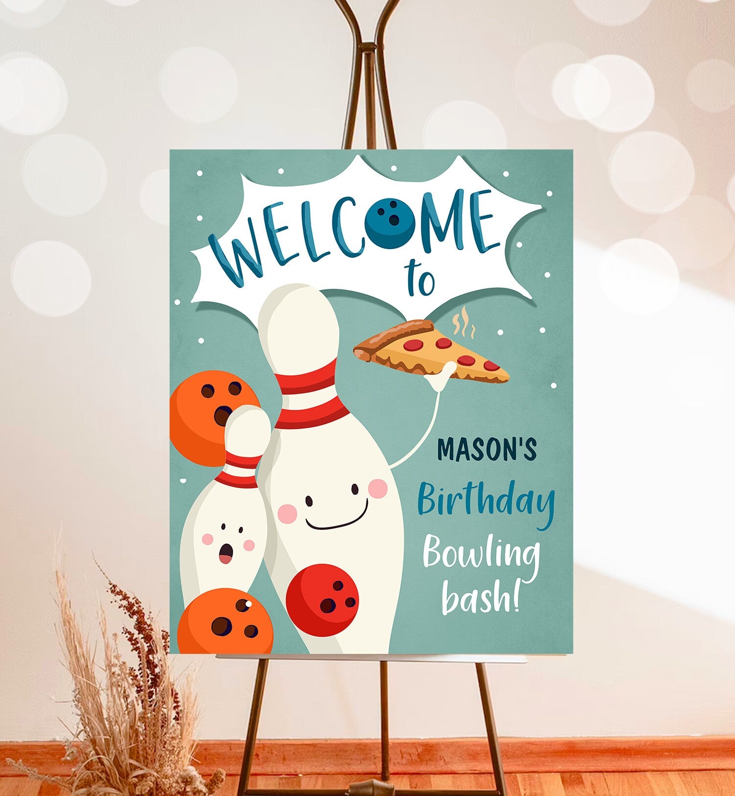 Editable Bowling Birthday Welcome Sign Strike Up Some Fun Boy Bowling Party Pizza Welcome Poster Blue Orange Template PRINTABLE Corjl 0324