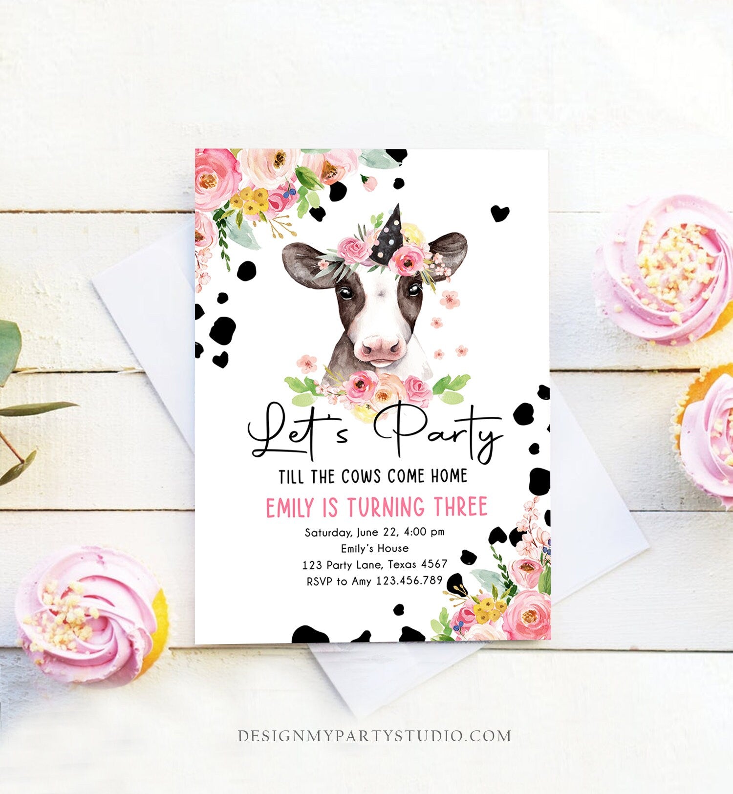 Editable Cow Birthday Invitation Girl Farm Animals Let's Party Till The Cows Come Home Holy Cow 1st Download Printable Template Corjl 0434