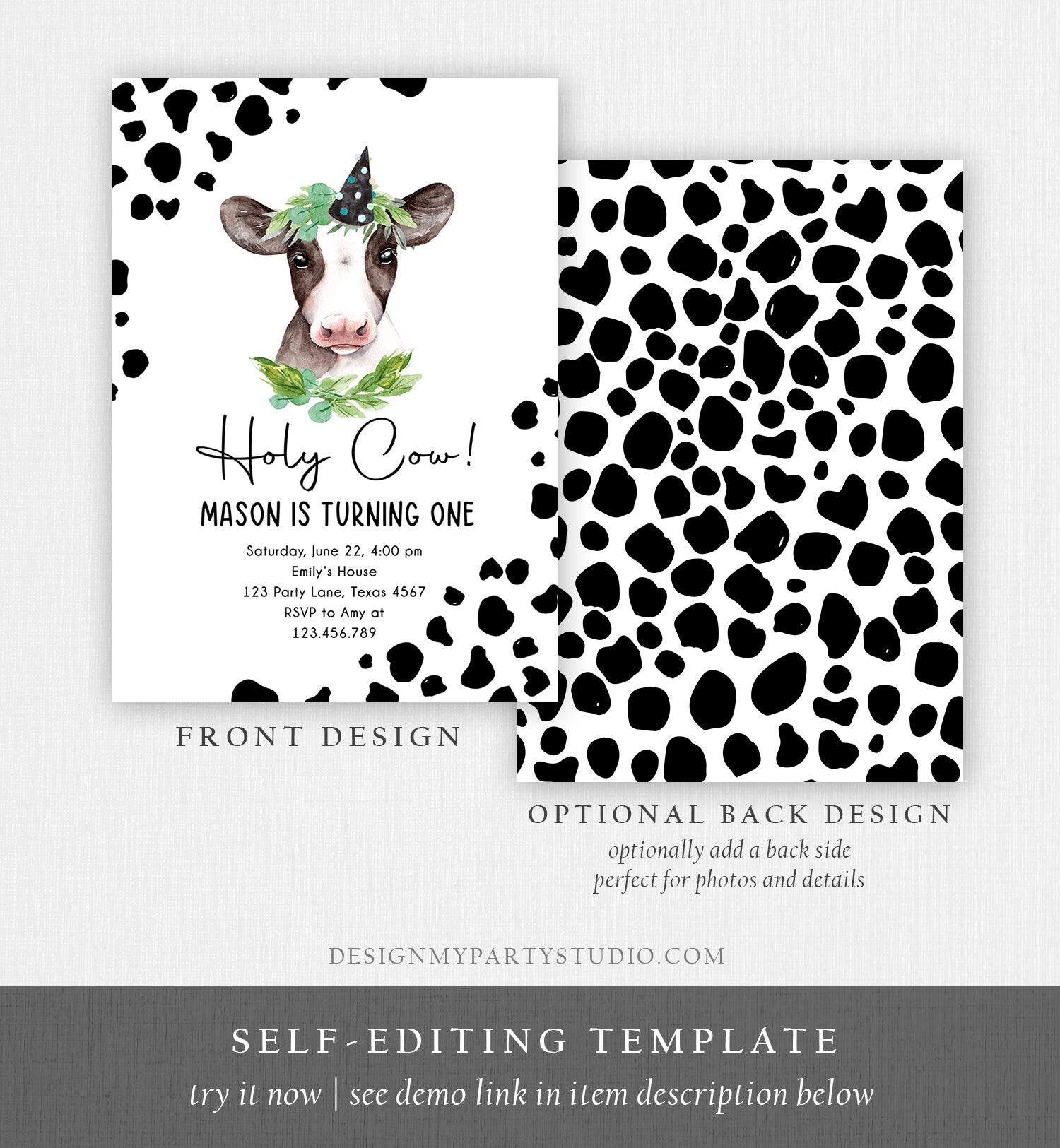 Editable Cow Birthday Invitation Boy Farm Animals Greenery Barnyard Party Holy Cow Party 1st One Download Printable Template Corjl 0434