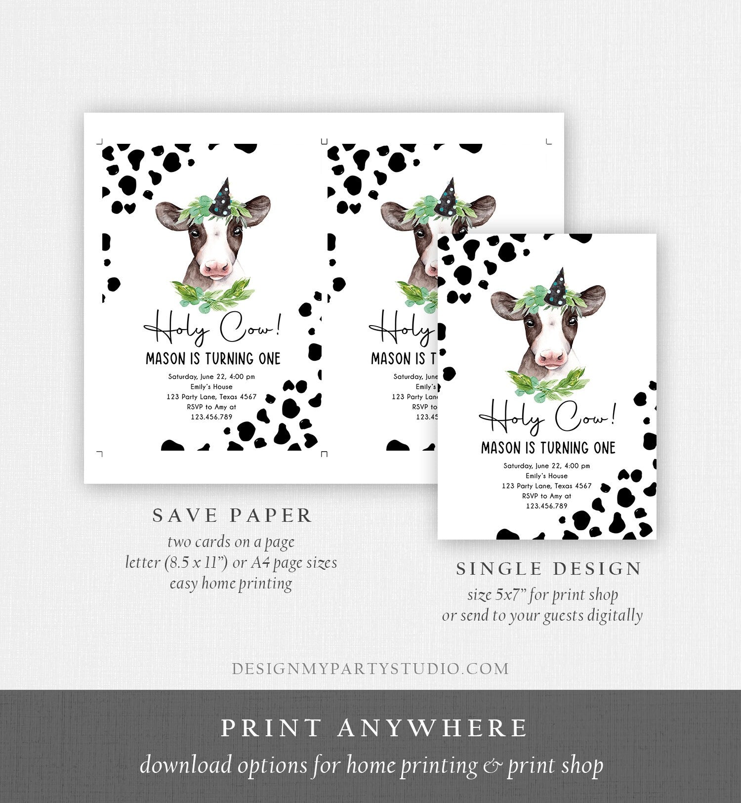 Editable Cow Birthday Invitation Boy Farm Animals Greenery Barnyard Party Holy Cow Party 1st One Download Printable Template Corjl 0434