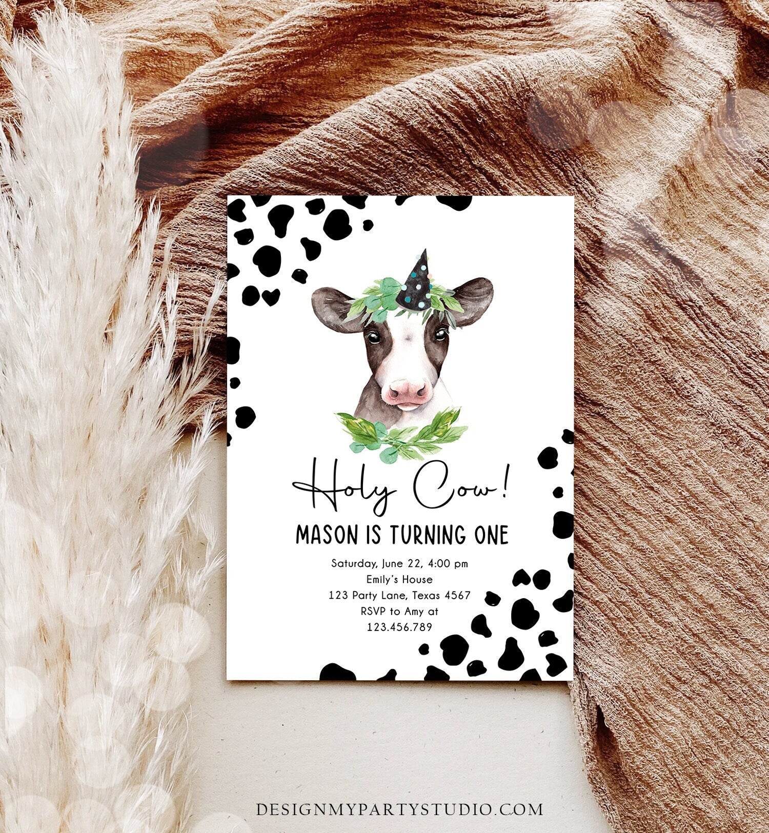 Editable Cow Birthday Invitation Boy Farm Animals Greenery Barnyard Party Holy Cow Party 1st One Download Printable Template Corjl 0434