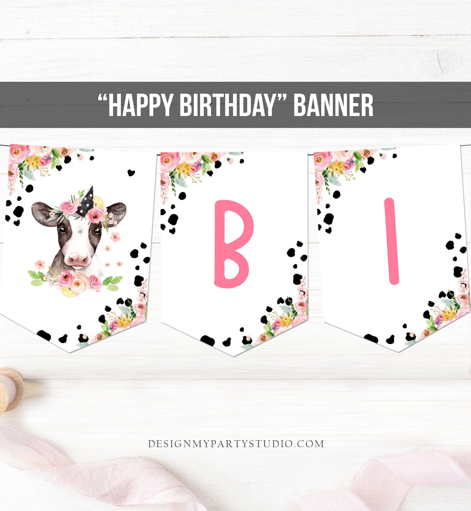 Happy Birthday Banner Cow Birthday Banner Farm Animals Girl Barnyard Birthday Farm Decorations Instant download PRINTABLE DIGITAL DIY 0434