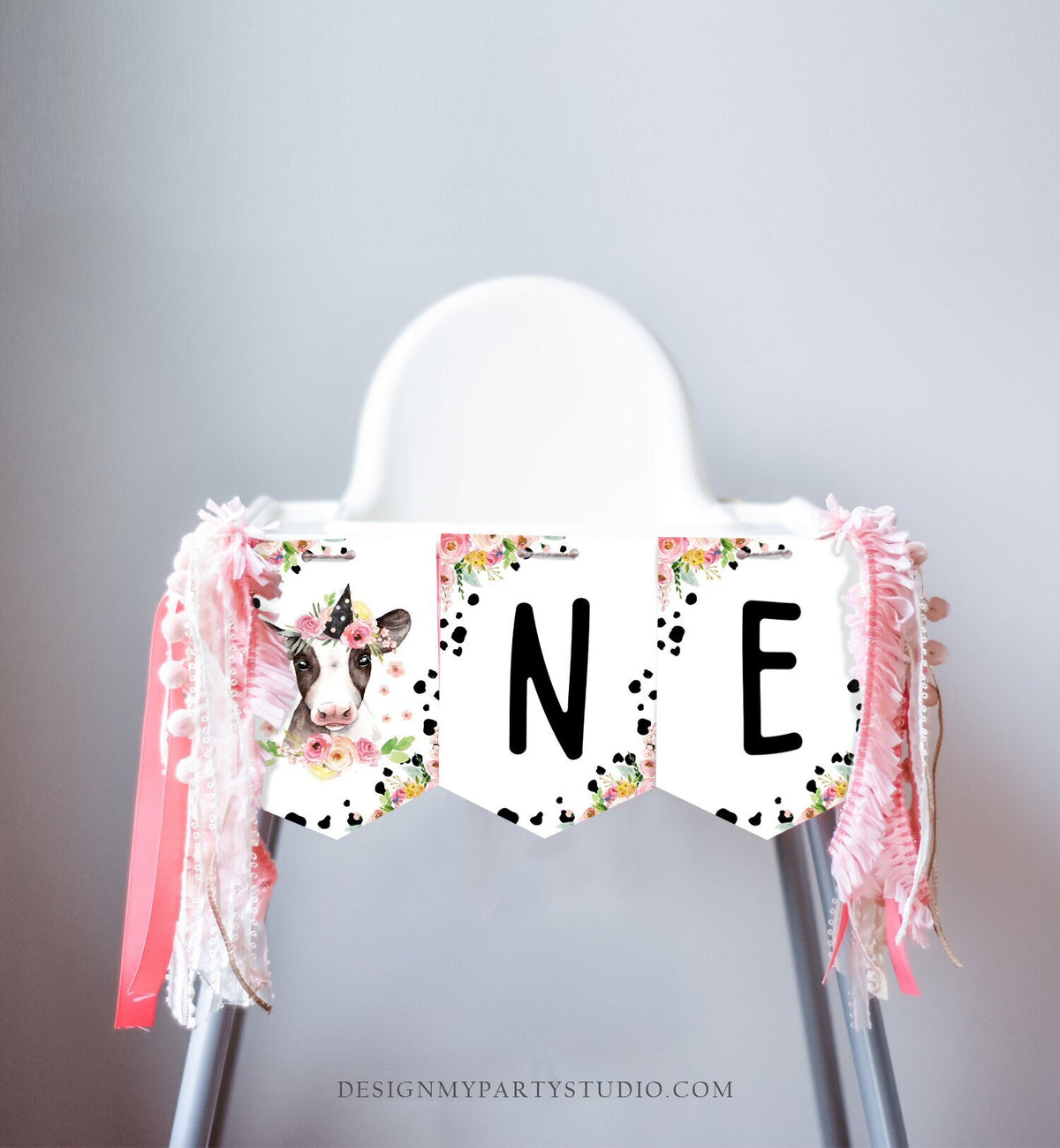 Girl Cow High Chair Banner Pink Farm Cow 1st Birthday Banner High Chair One Banner Farm Animals Holy Cow Decorations PRINTABLE Digital 0434