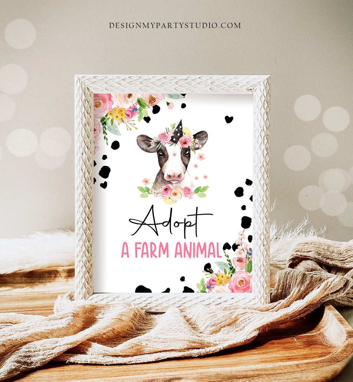 Adopt a Farm Animal Party Sign Cow Birthday Sign Favors Pink Farm Birthday Farm Animals Girl Favor Sign Holy Cow Party Sign Printable 0434