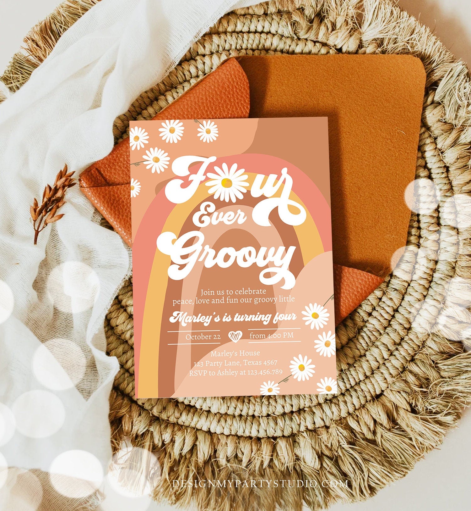 Editable Four Ever Groovy Birthday Invitation 4th Birthday Retro Floral 70s Peace Love Party Rainbow Download Template Corjl Digital 0428