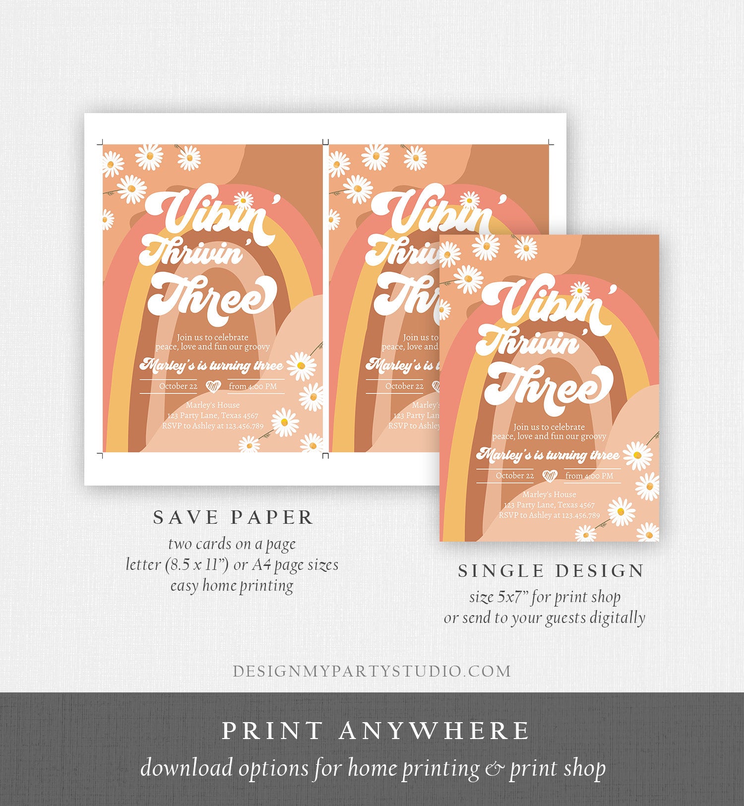 Editable Vibin' Thrivin' And Three Birthday Invitation 3rd Birthday Retro Floral 70s Rainbow Peace Love Download Template Corjl Digital 0428