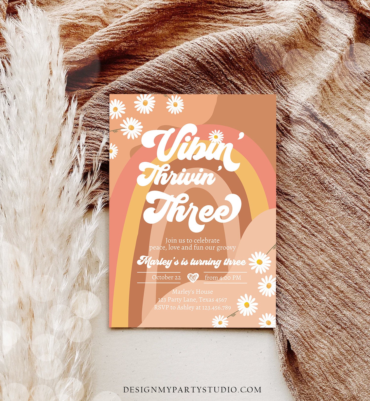 Editable Vibin' Thrivin' And Three Birthday Invitation 3rd Birthday Retro Floral 70s Rainbow Peace Love Download Template Corjl Digital 0428