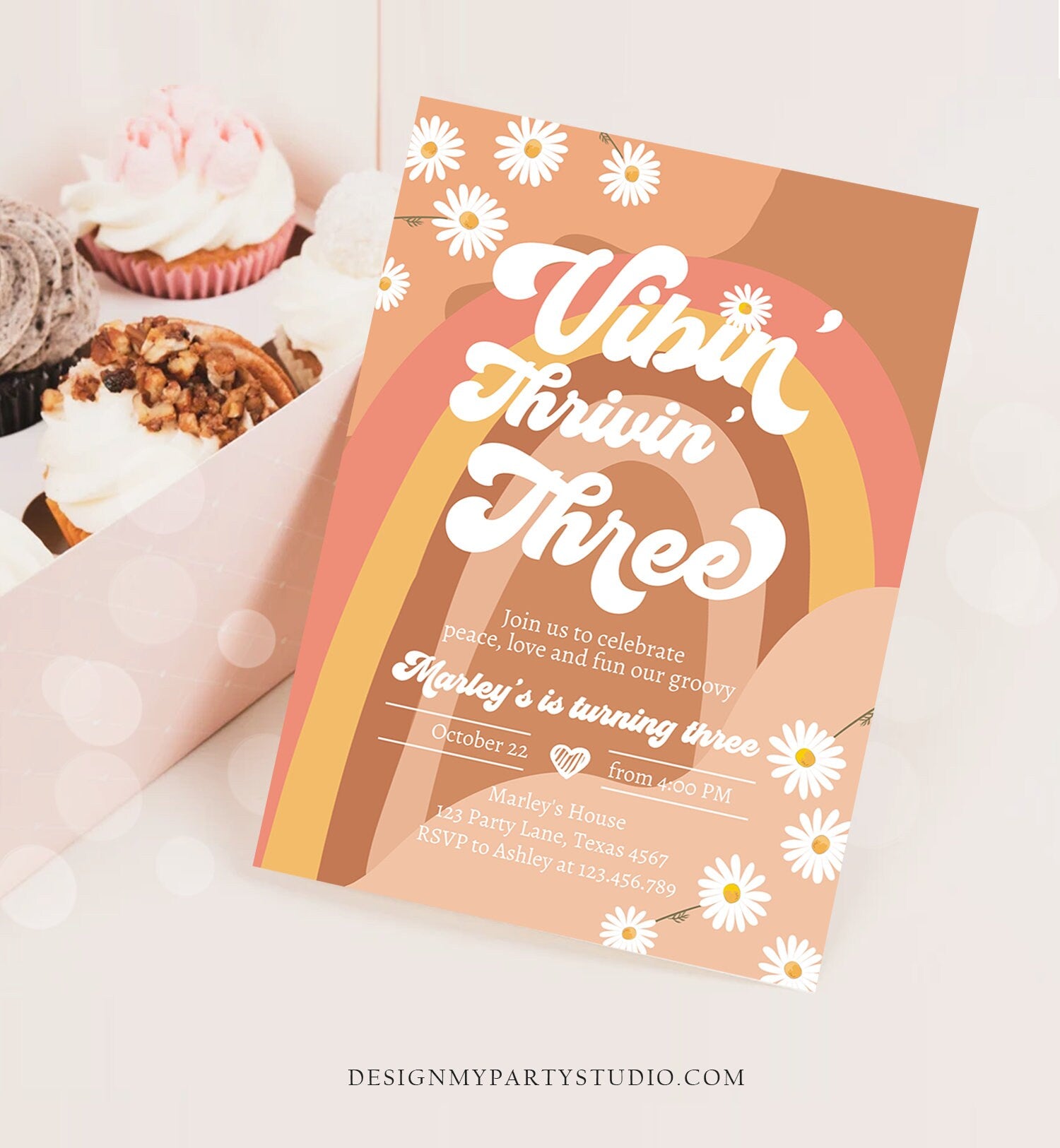 Editable Vibin' Thrivin' And Three Birthday Invitation 3rd Birthday Retro Floral 70s Rainbow Peace Love Download Template Corjl Digital 0428