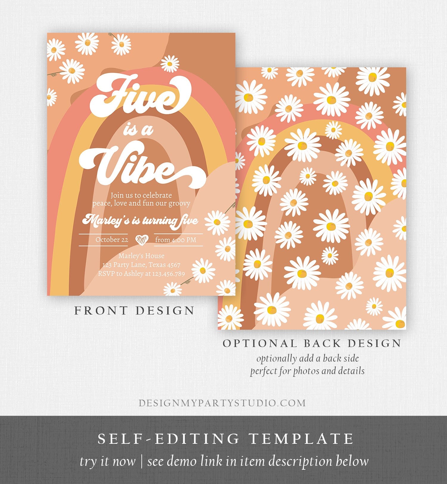 Editable Five Is A Vibe Birthday Invitation 5th Birthday Retro Floral 70s Rainbow Peace Love Party Girl Digital Template Printable 0428