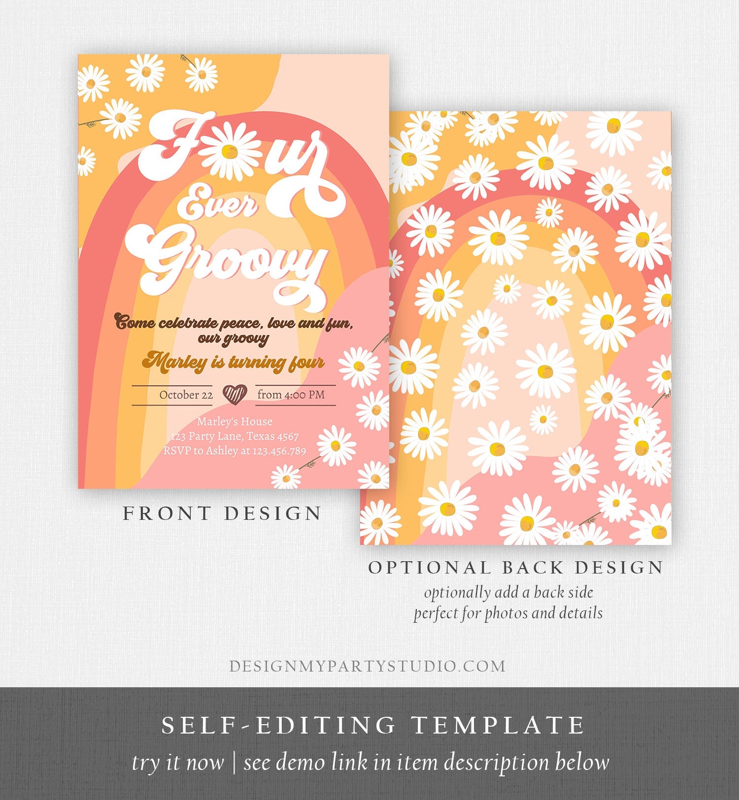 Editable Four Ever Groovy Birthday Invitation 4th Birthday Retro Floral 70s Peace Love Party Rainbow Download Template Corjl Digital 0428