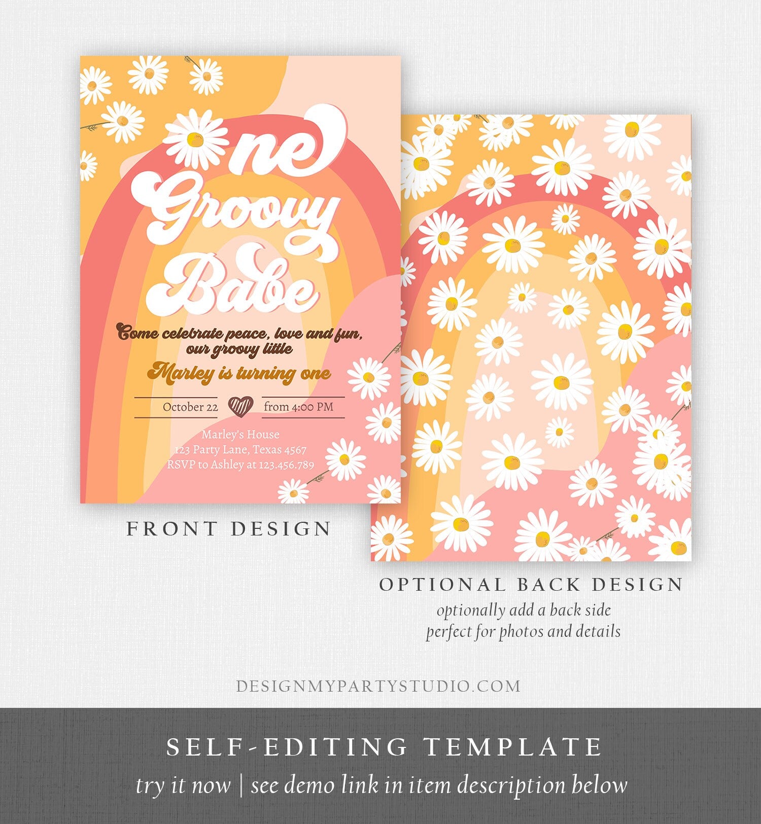 Editable Groovy One Retro 1st Birthday Invitation First Birthday One Groovy Babe Invite Peace Love Download Template Corjl Digital 0428