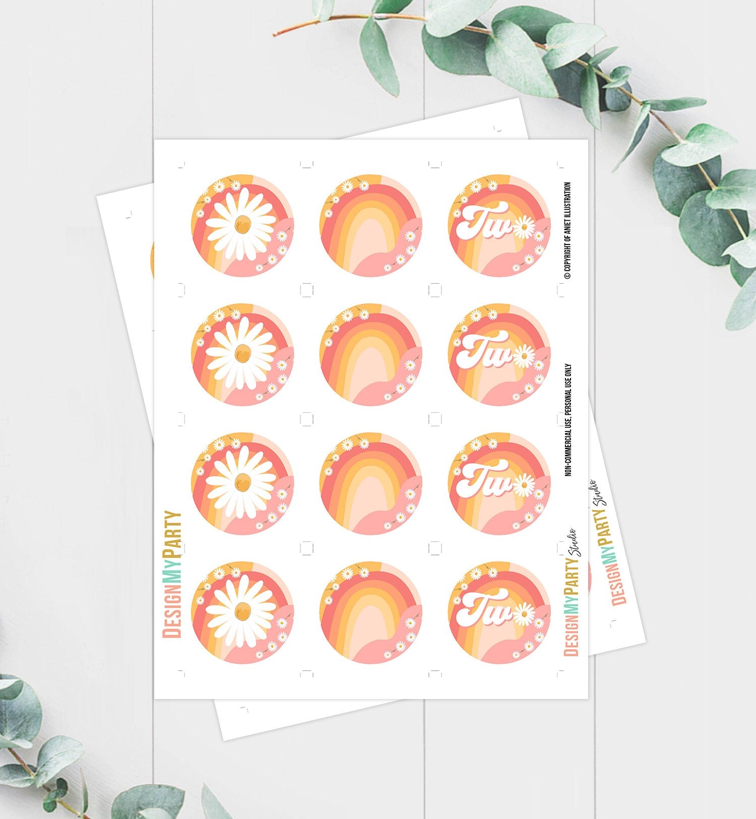 Two Groovy Birthday Cupcake Toppers Favor Tags Retro Daisy Birthday Party Decor 2nd Flower Power Festival Download Digital Printable 0428