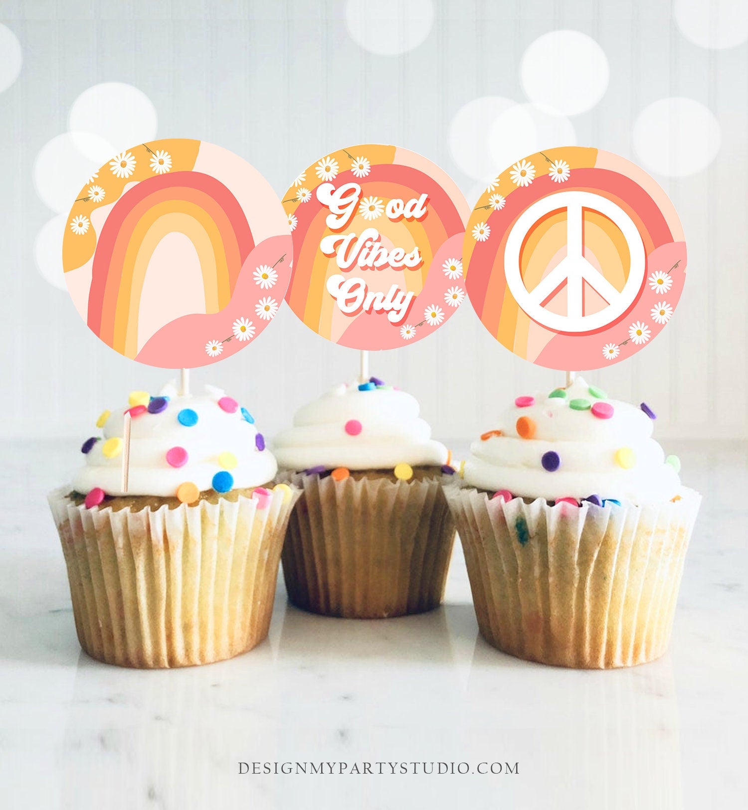 Groovy Birthday Cupcake Toppers Favor Tags Retro Florafest Decoration Hippy Boho 70's Peace Love Party Vibes Download Digital PRINTABLE 0428