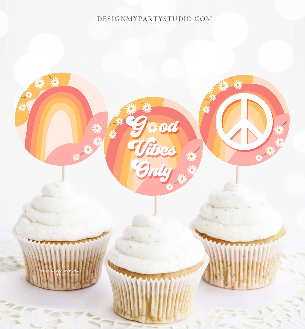 Groovy Birthday Cupcake Toppers Favor Tags Retro Florafest Decoration Hippy Boho 70&#39;s Peace Love Party Vibes Download Digital PRINTABLE 0428