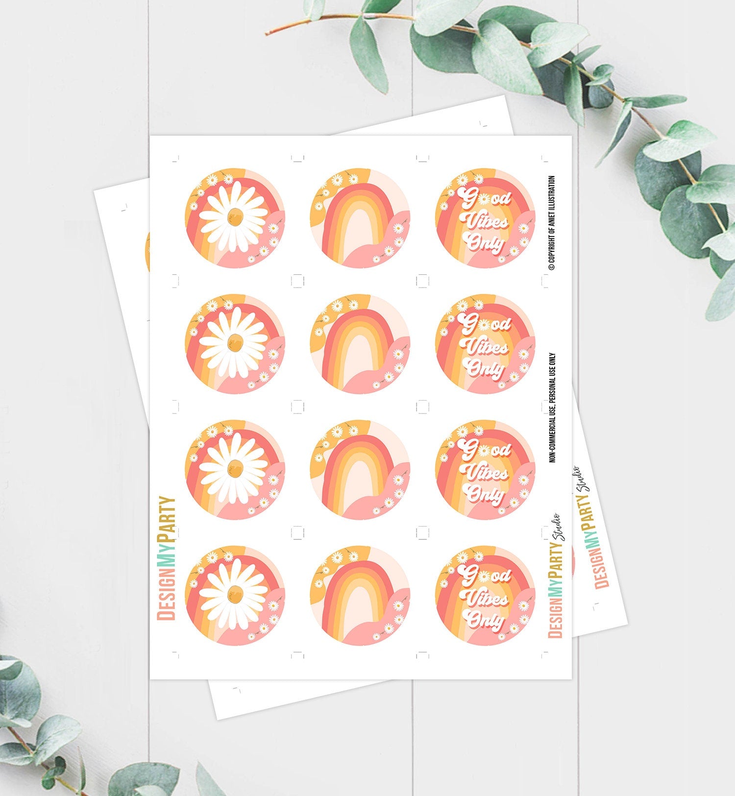 Groovy Birthday Cupcake Toppers Favor Tags Retro Florafest Decoration Hippy Boho 70's Peace Love Party Vibes Download Digital PRINTABLE 0428