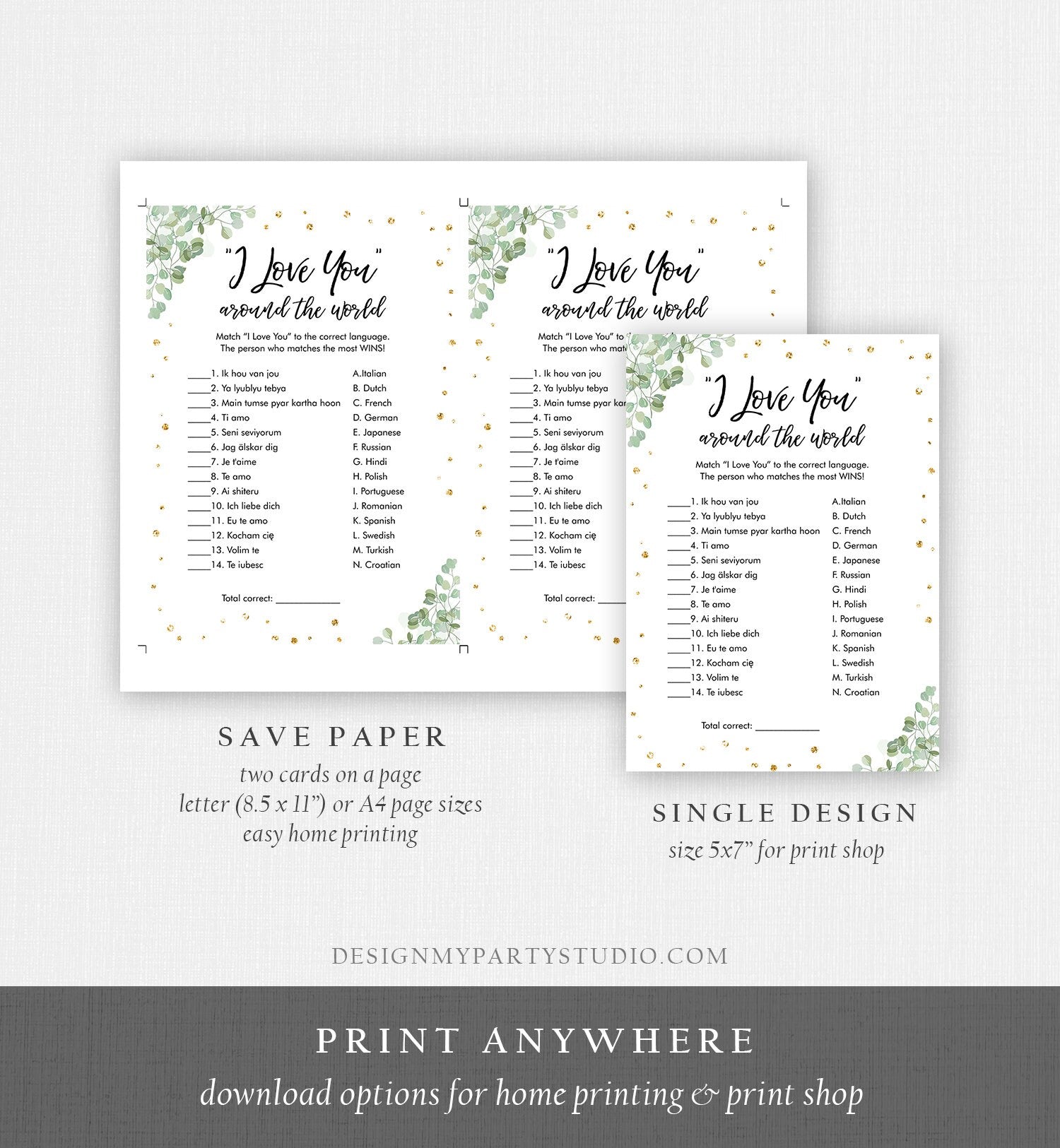 Editable Travel Bridal Shower Game I Love You Around the World Wedding Greenery Activity Eucalyptus Bachelorette Corjl Printable 0030