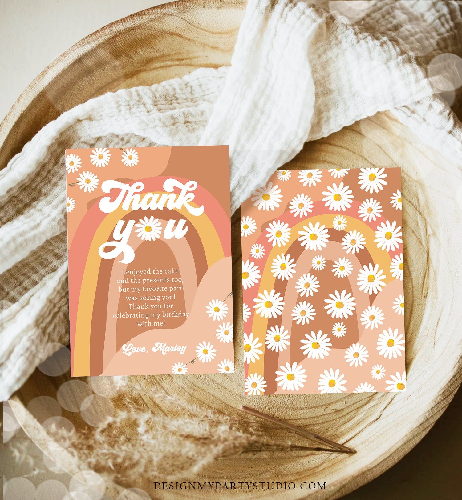 Editable Groovy Birthday Thank You Card Groovy Baby ShowerTwo Groovy One Boho Retro 70s Daisy Digital Download Template Printable 0428