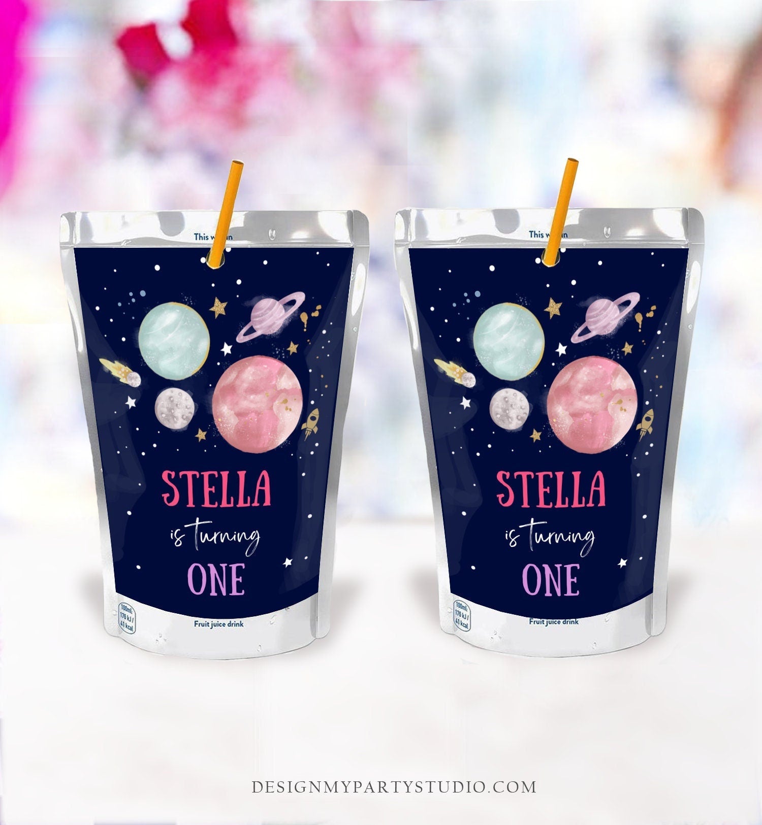 Editable Outer Space Juice Pouch Label Juice Favors Planets Astronaut Rocket Girl Birthday Pink Digital Download Template Printable 0357