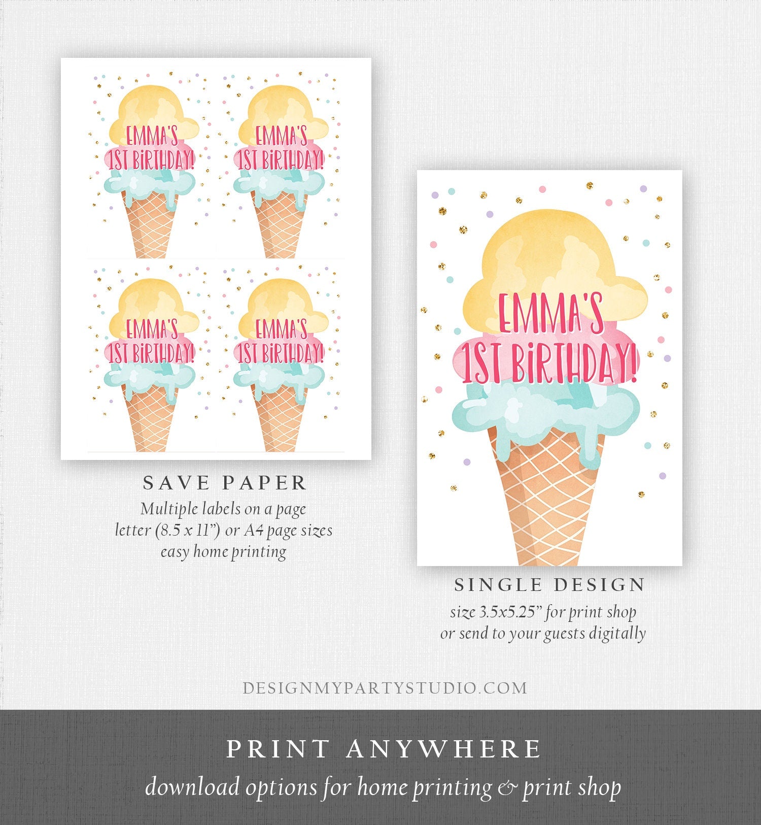 Editable Ice Cream Birthday Juice Pouch Labels Ice Cream Party Girl Favors Cool Sweet Party Scoop Digital Download Template Printable 0243