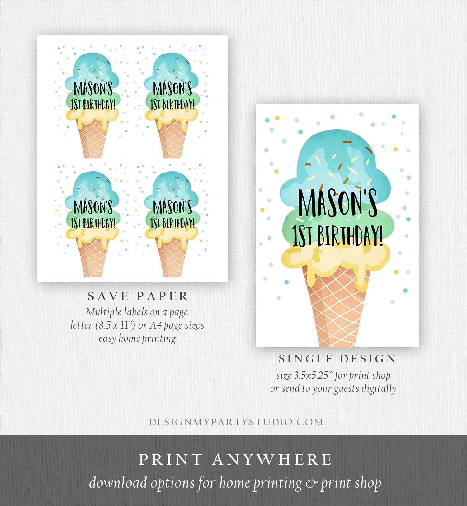 Editable Ice Cream Juice Pouch Label Juice Favors Ice Cream Birthday Party Favors Scoop Boy Blue Digital Download Template Printable 0243