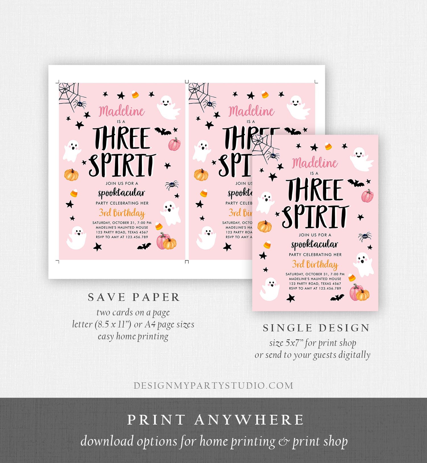 Editable Halloween Birthday Invitation Pink Ghost Three Spirit 3rd Birthday Party Spooktacular Spooky Digital Template Printable 0418