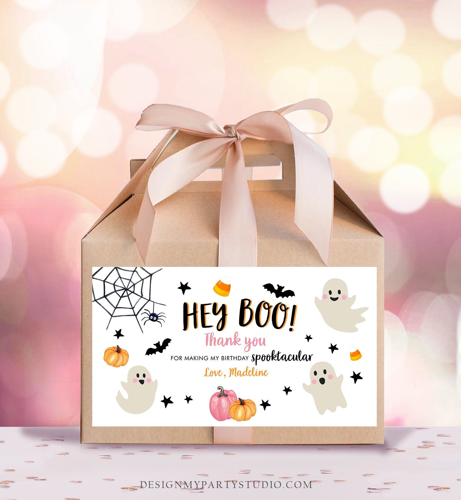 Editable Pink Halloween Gable Box Favor Label Halloween Ghost Gift Box Label Hey Boo Pink Ghost Birthday Treat Download Printable Corjl 0418