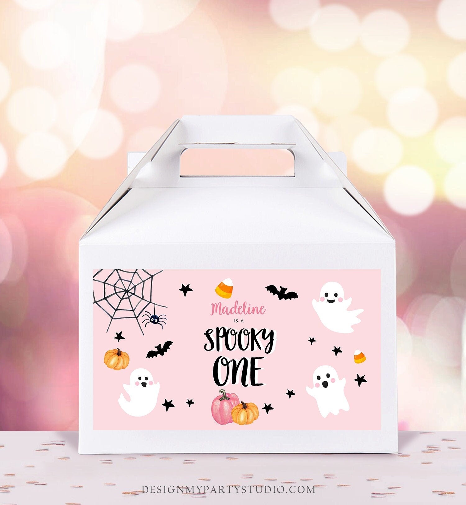 Editable Pink Halloween Gable Box Favor Label Halloween Birthday Gift Box Spooky One Pink Ghost 1st Digital Download Template Printable 0418