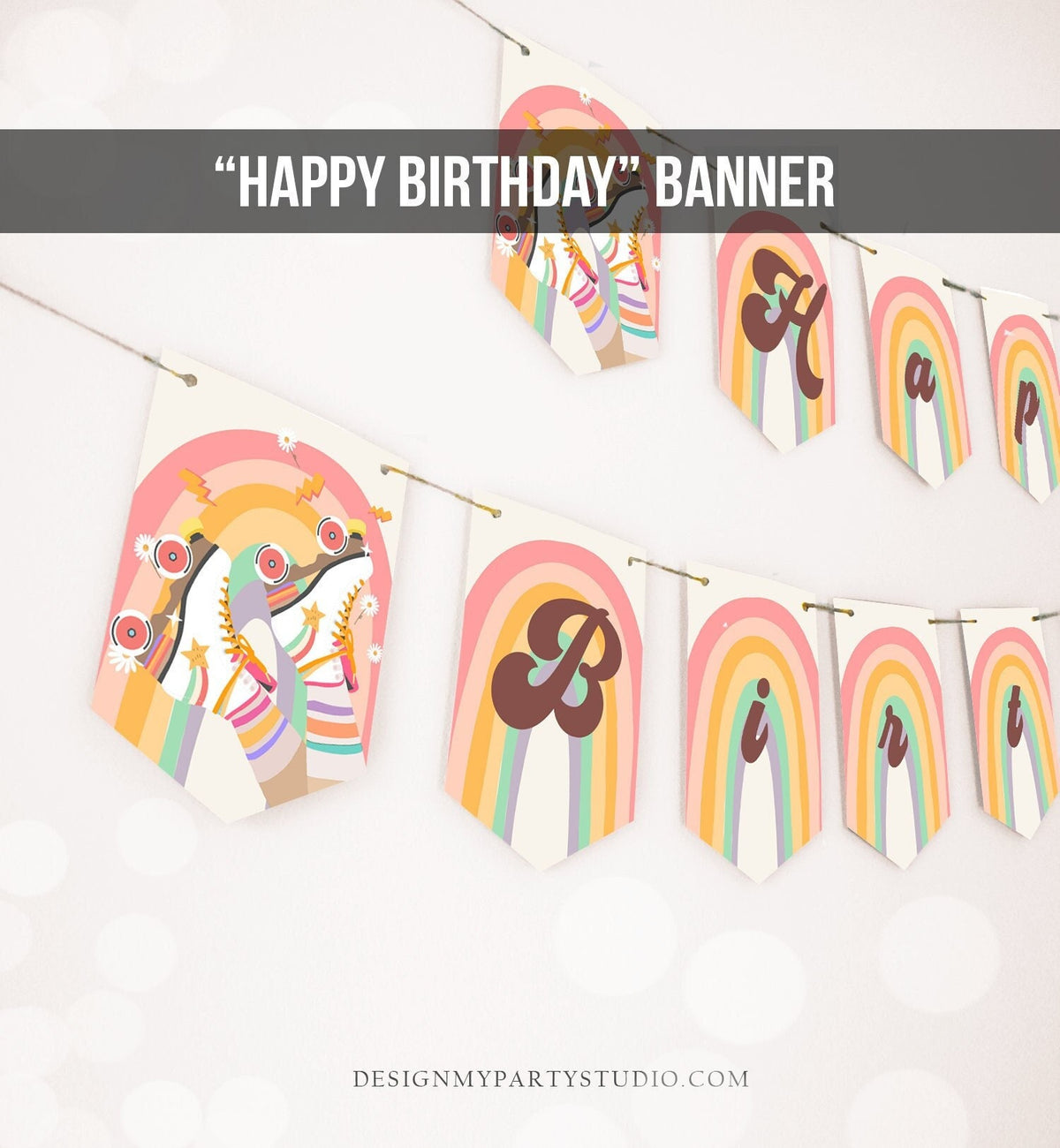 Roller Skate Happy Birthday Banner Retro Groovy Rainbow Bunting Skate Banner Roller Rink Birthday Decor Girl Garland PRINTABLE Digital 0435