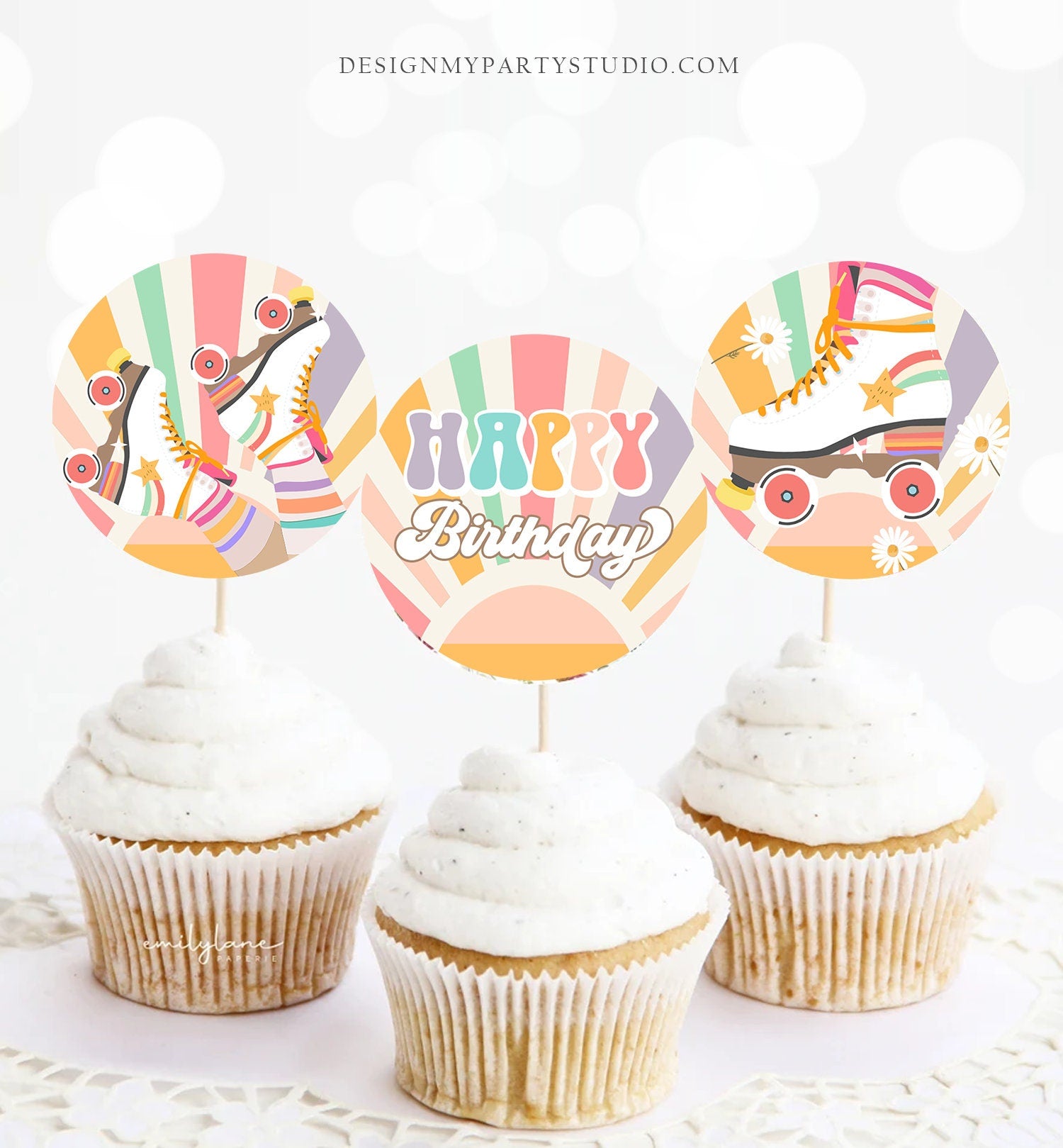 Roller Skate Cupcake Toppers Skate Birthday Favor Tags Retro Daisy Roller Rink Party Decor Rollerskating Download Digital Printable 0435