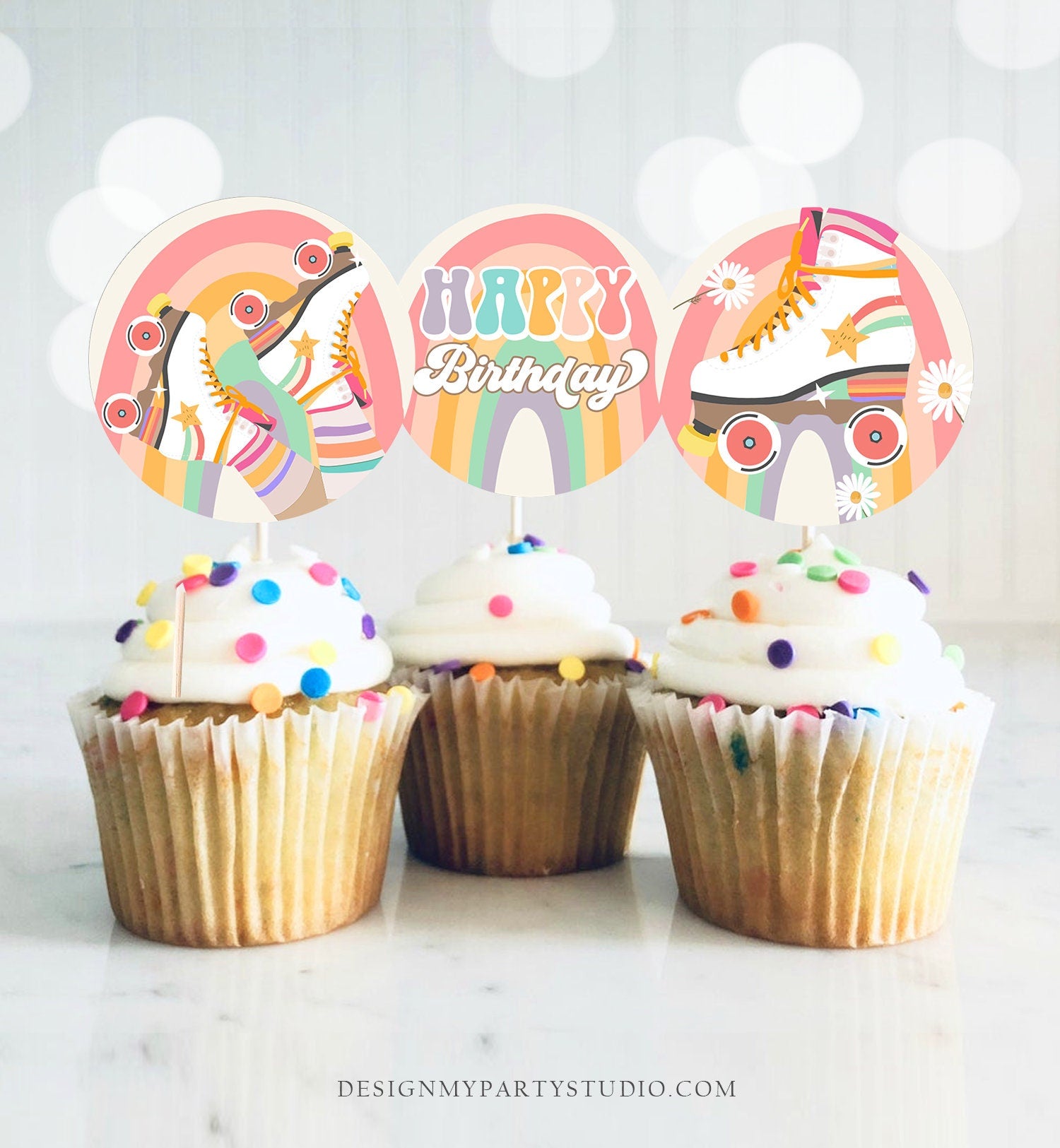 Roller Skate Cupcake Toppers Skate Birthday Favor Tags Retro Daisy Roller Rink Party Decor Rainbow Hippie Download Digital PRINTABLE 0435