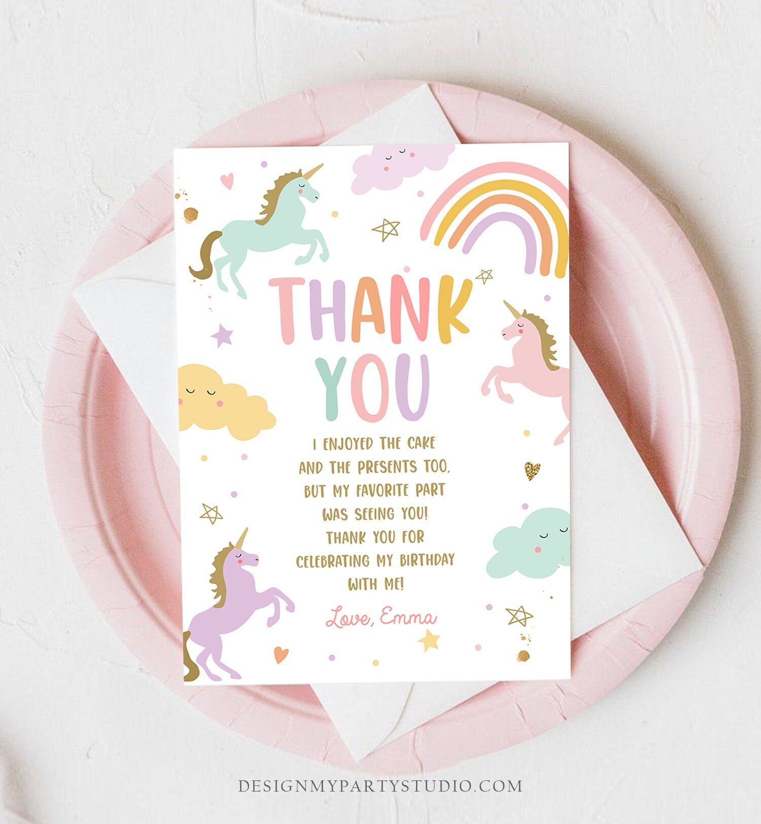 Editable Unicorn Thank You Card Magical Party Birthday Girl Pink Pastel First Digital Unicorn Party Template Rainbow Download Printable 0426