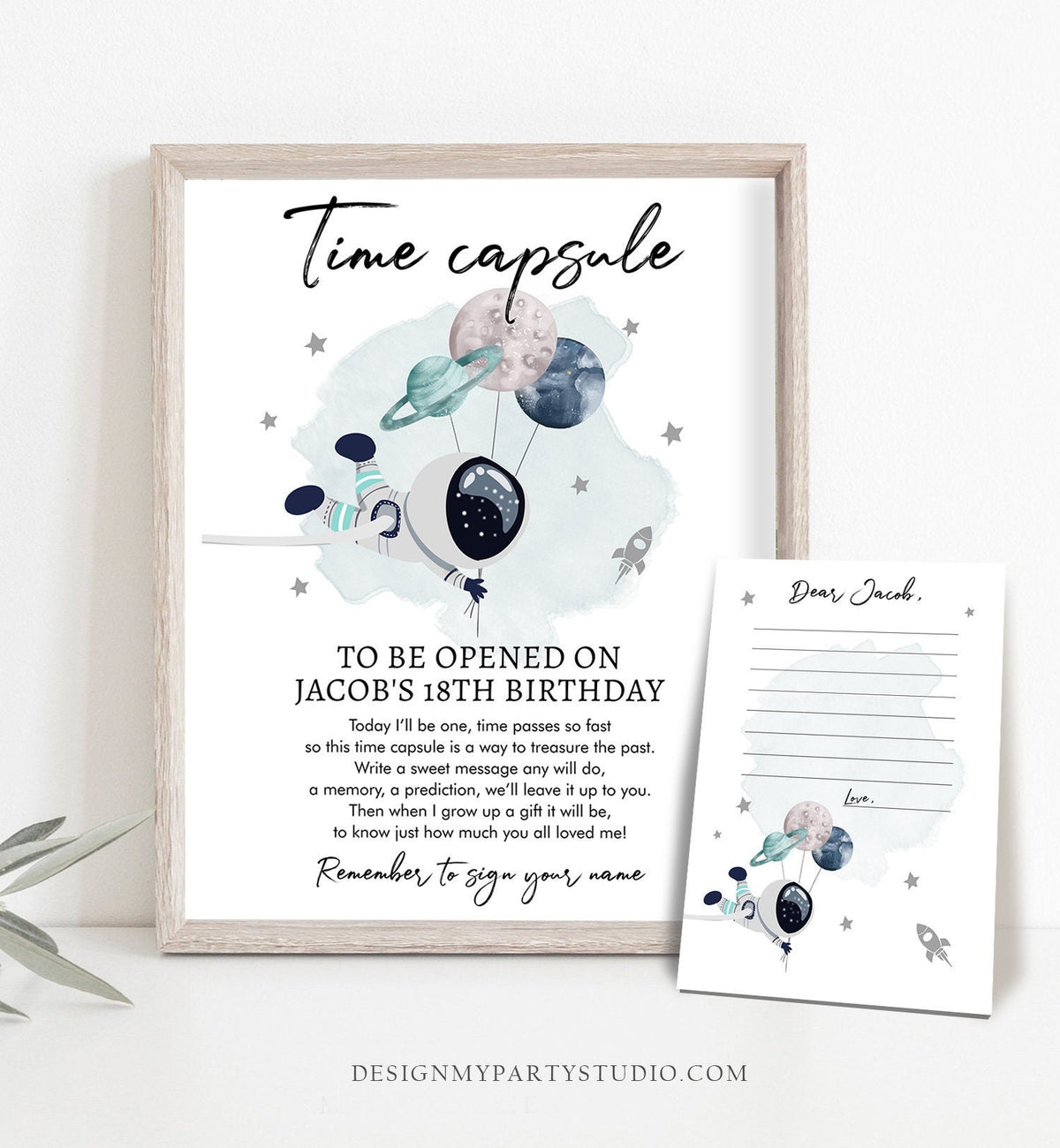 Editable Outer Space Time Capsule First Birthday Party Astronaut Rocket Space Birthday Moon Planet Guestbook Digital Template Printable 0366