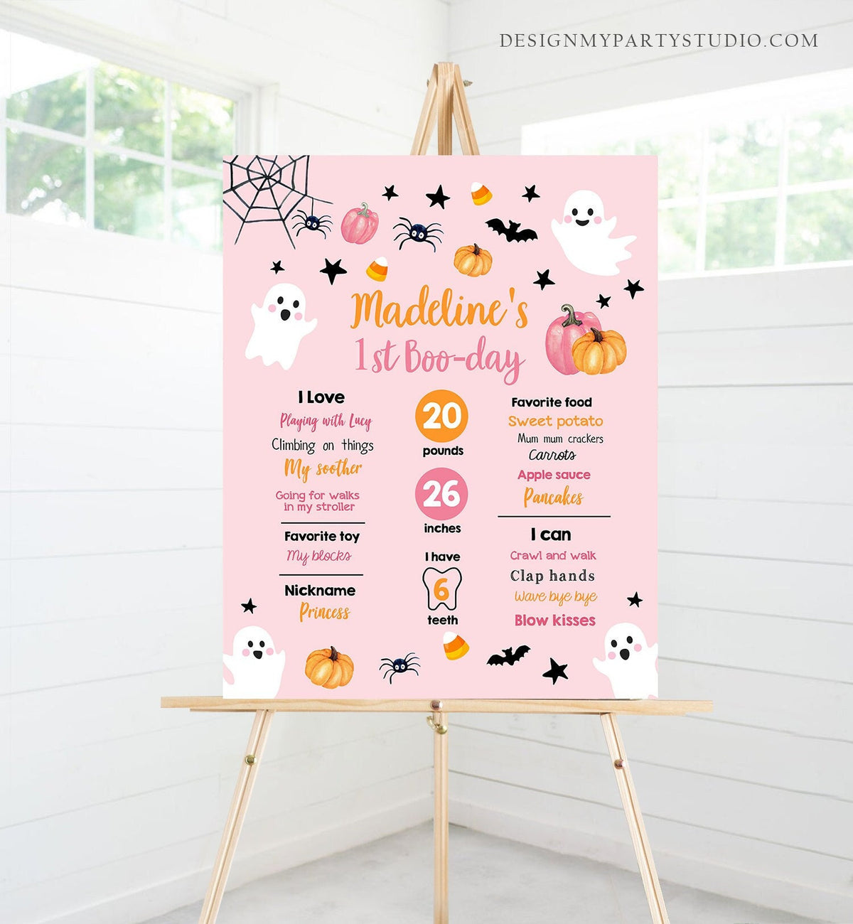 Editable Halloween Birthday Milestones Sign Ghost Spooky One 1st Birthday Party Spooktacular Pink First Stats Template Printable Corjl 0418