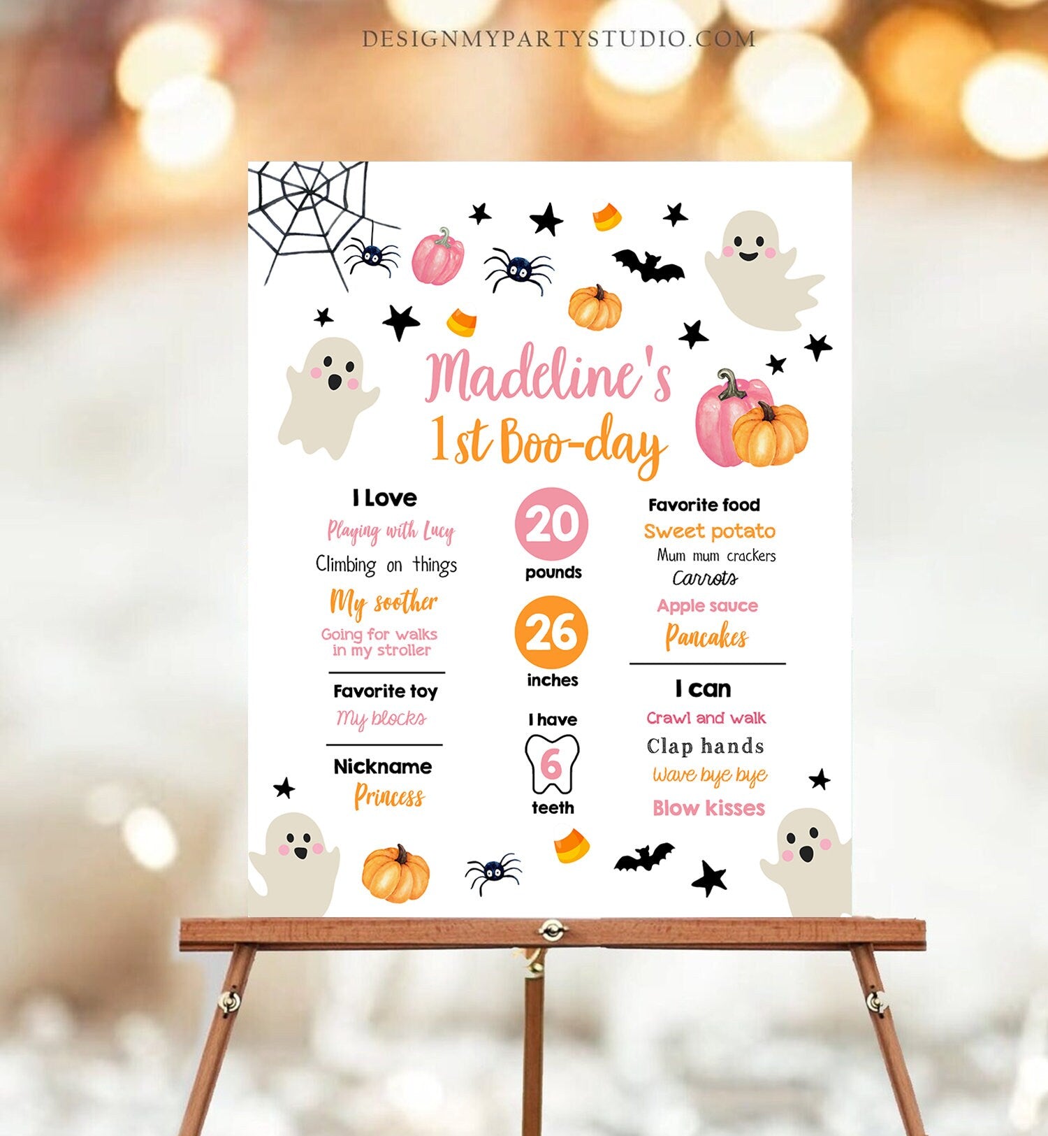 Editable Halloween Birthday Milestones Sign Ghost Spooky One 1st Birthday Party Spooktacular Pink First Stats Template Printable Corjl 0418