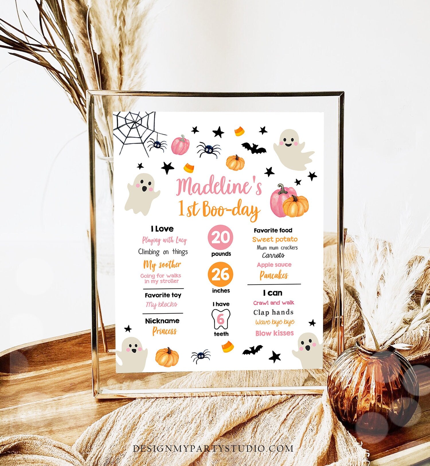 Editable Halloween Birthday Milestones Sign Ghost Spooky One 1st Birthday Party Spooktacular Pink First Stats Template Printable Corjl 0418