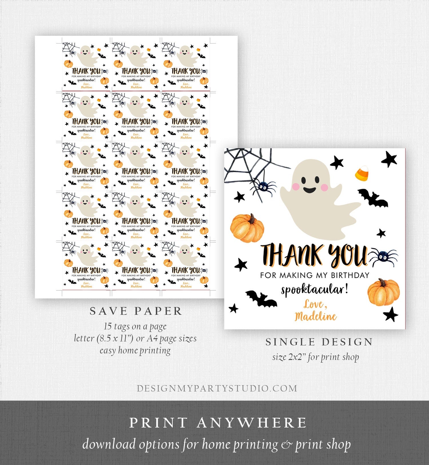 Editable Halloween Birthday Thank You Favor Tags Costume Party Girl Pink Spooktacular Ghost Stickers Download Printable Template Corjl 0418