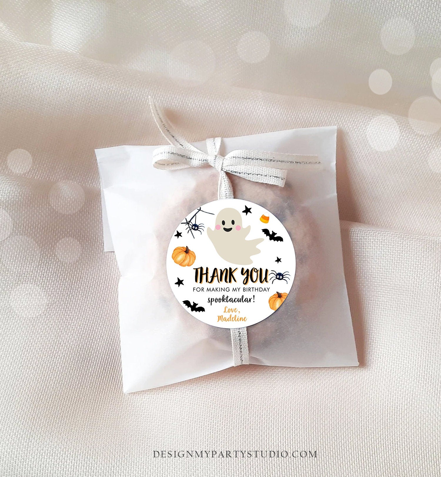 Editable Halloween Birthday Thank You Favor Tags Costume Party Girl Pink Spooktacular Ghost Stickers Download Printable Template Corjl 0418