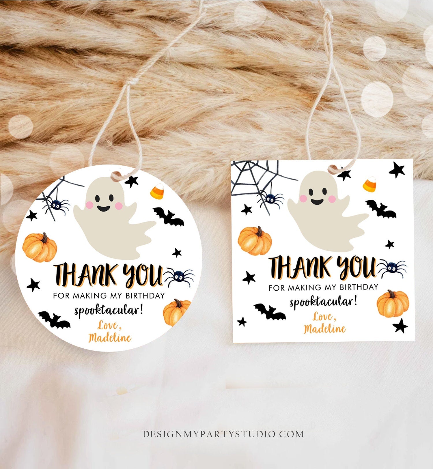 Editable Halloween Birthday Thank You Favor Tags Costume Party Girl Pink Spooktacular Ghost Stickers Download Printable Template Corjl 0418