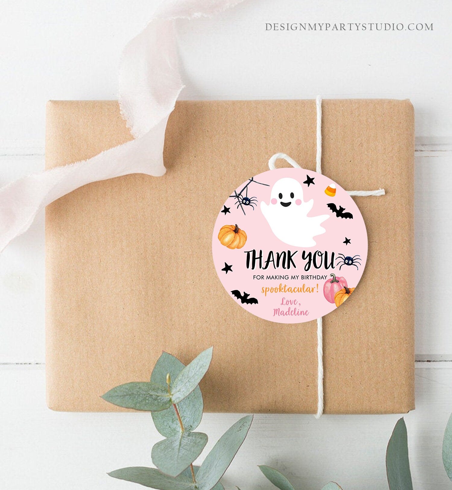 Editable Halloween Birthday Thank You Favor Tag Costume Party Girl Pink Spooktacular Ghost Stickers Digital Download Template Printable 0418