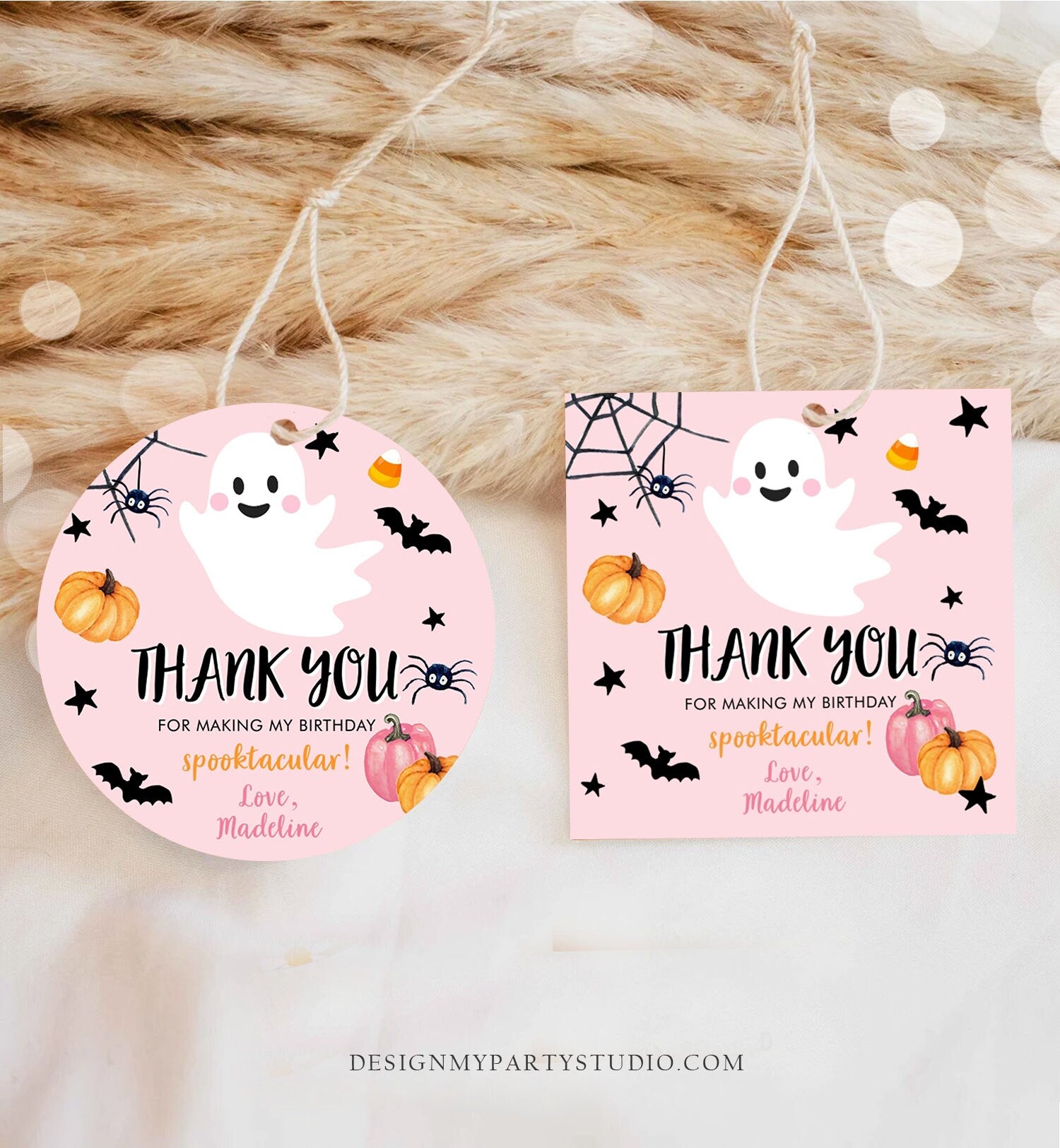 Editable Halloween Birthday Thank You Favor Tag Costume Party Girl Pink Spooktacular Ghost Stickers Digital Download Template Printable 0418