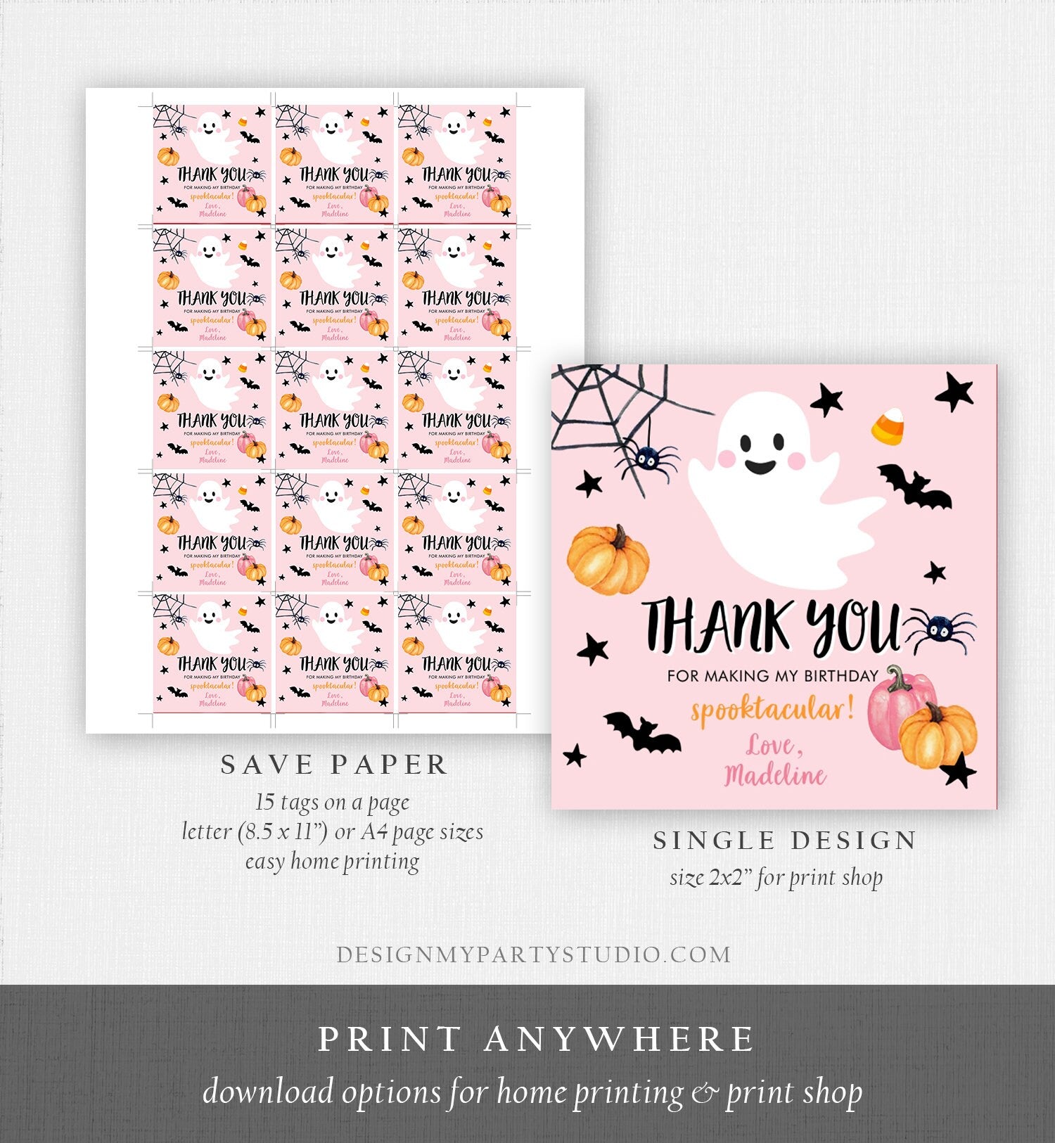 Editable Halloween Birthday Thank You Favor Tag Costume Party Girl Pink Spooktacular Ghost Stickers Digital Download Template Printable 0418