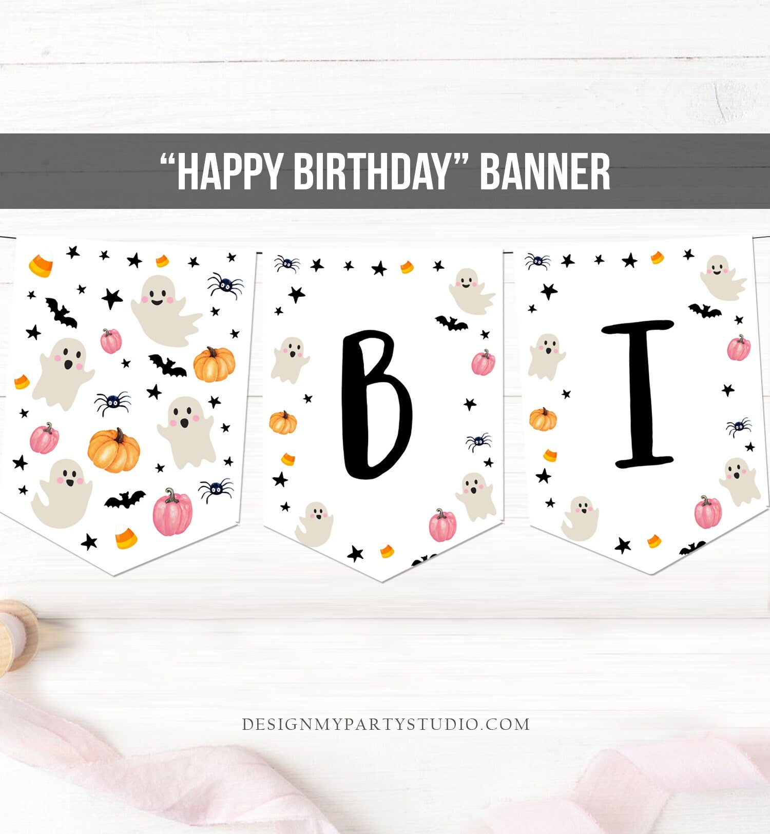 Happy Birthday Banner Halloween Birthday Banner Pink Ghost Birthday Party Halloween Decor Girl Pink 1st Download PRINTABLE DIGITAL DIY 0418